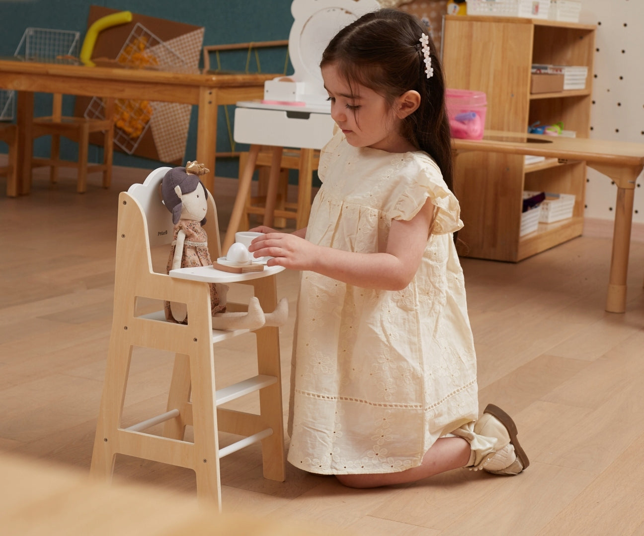 PolarB Wooden Doll Feeding High Chair, Fits Dolls Up to 38 cm, Encourages Role Play and Creativity, Solid Wood Toy for Ages 3+