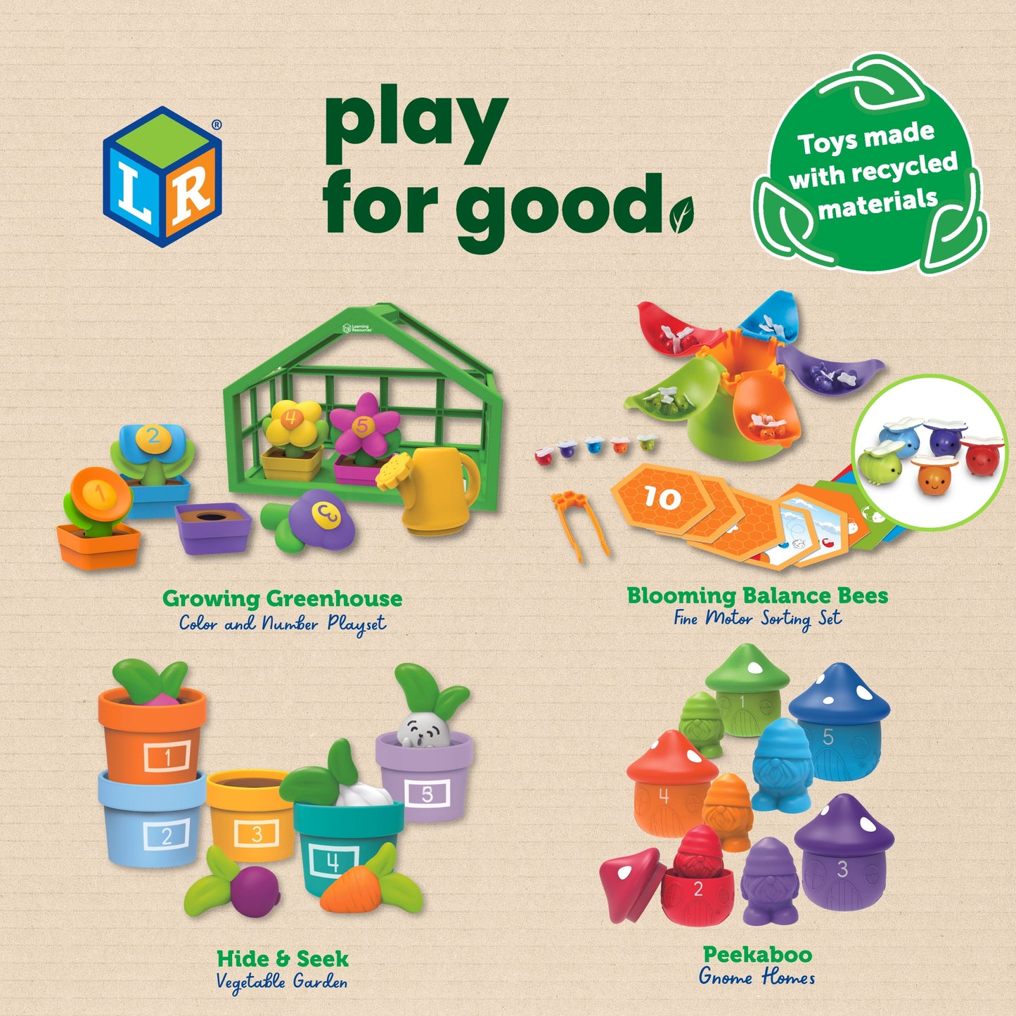 Learning Resources Peekaboo Gnome Homes, Colour, Counting, and Fine Motor Toy Set with 5 Gnomes and Toadstool Houses, Sustainable Learning Toy for Toddlers Ages 18 Months+