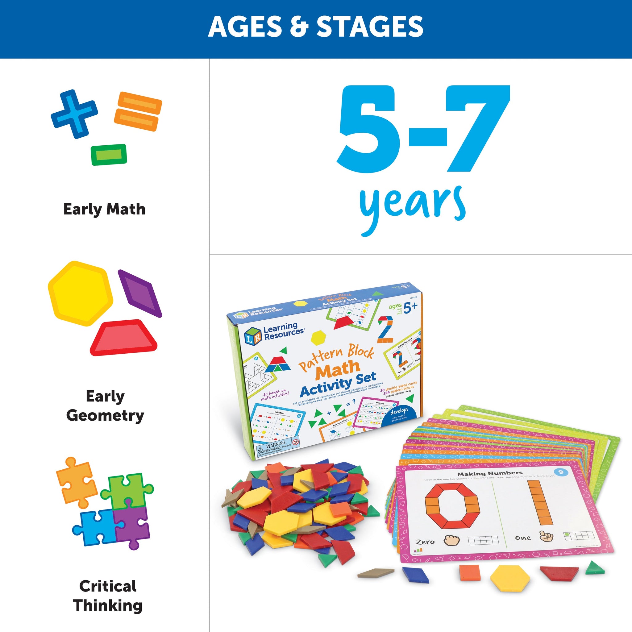 Learning Resources Pattern Block Math Activity Set, 124 Plastic Pattern Blocks, 20 Double-Sided Activity Cards, Hands-On Maths & STEM Learning, Ages 5+