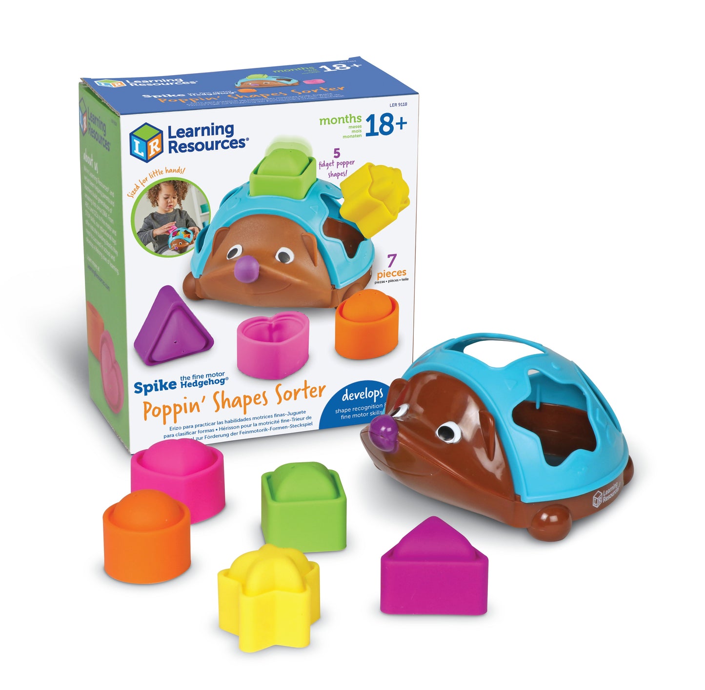 Learning Resources Spike The Fine Motor Hedgehog Poppinâ Shapes Sorter, 7-Piece Shape Sorting & Fidget Toy for Toddlers, Develops Fine Motor, Colour & Sensory Skills, Ages 18 Months+
