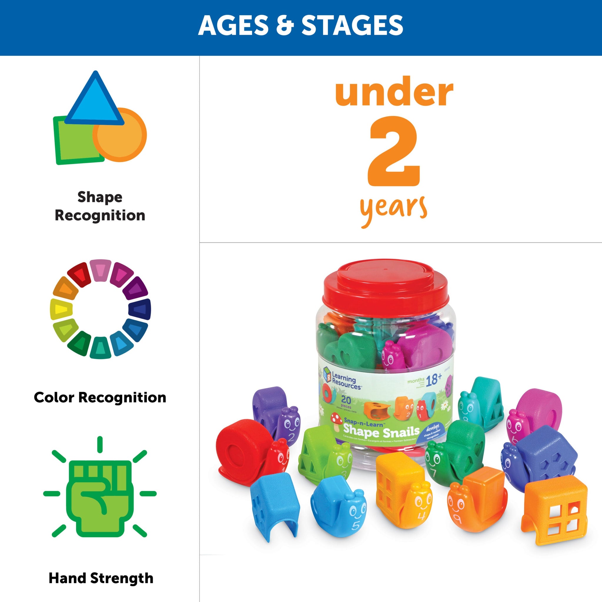 Learning Resources Snap-n-Learn Shape Snails, 20 Piece Toddler Educational Toy Set, Teaches Shapes, Numbers and Colours, Ages 18 Months+