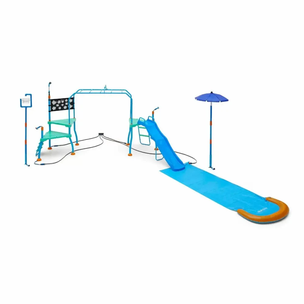 Plum Collection Water Park Blaster Course, Outdoor Splash Playset with Monkey Bars, Water Blasters and Sprinklers, Backyard Water Park for Kids 4+