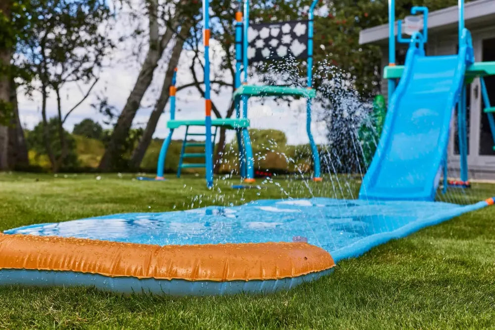 Plum Collection Water Park Blaster Course, Outdoor Splash Playset with Monkey Bars, Water Blasters and Sprinklers, Backyard Water Park for Kids 4+