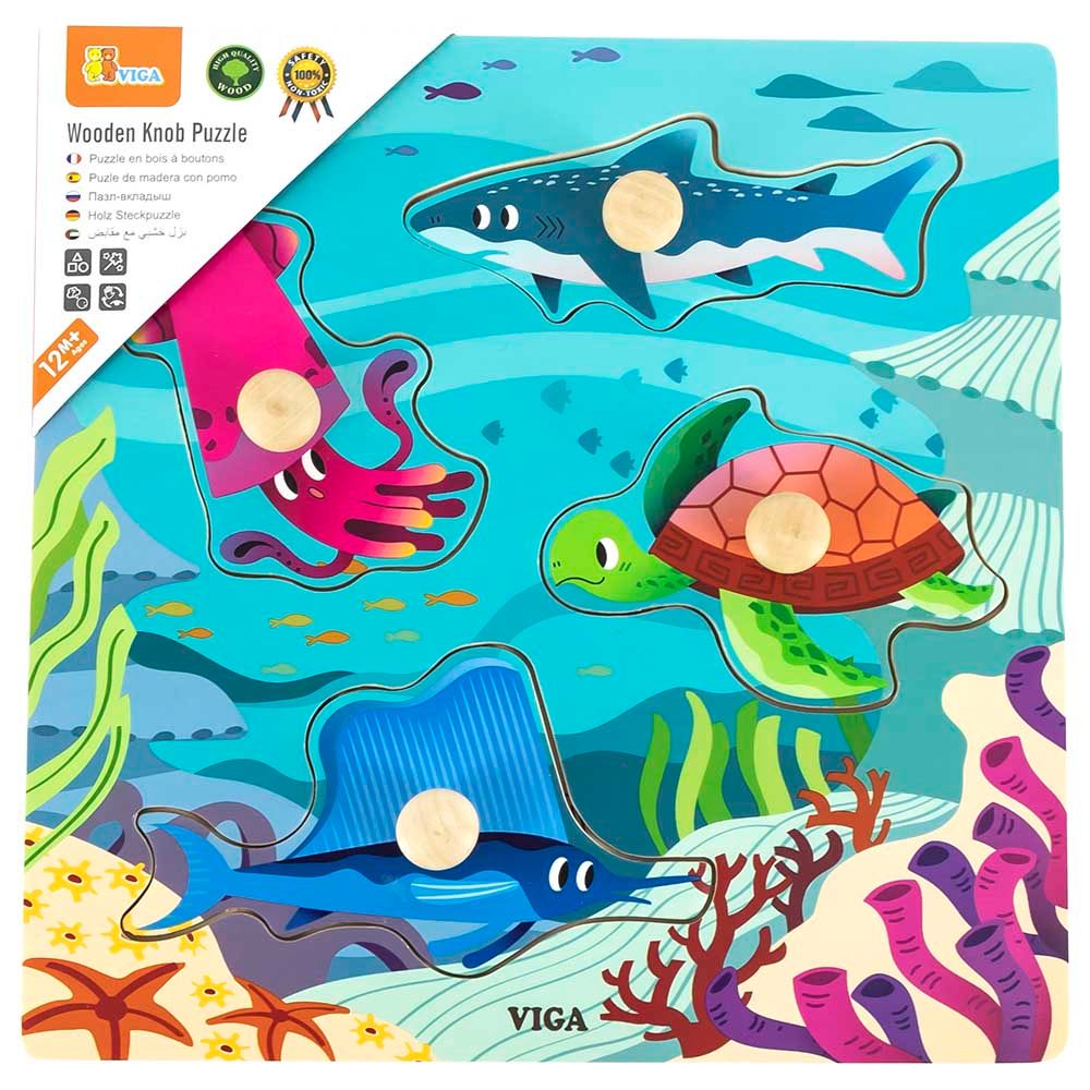 Viga Sea Animals, 4 Piece Knob Puzzle, Montessori Wooden Toy, Develops Sensory, Cognitive & Fine Motor Skills, Non-Toxic & Eco-friendly Kids Educational Toy, Suitable for Boys and Girls Aged 12M+