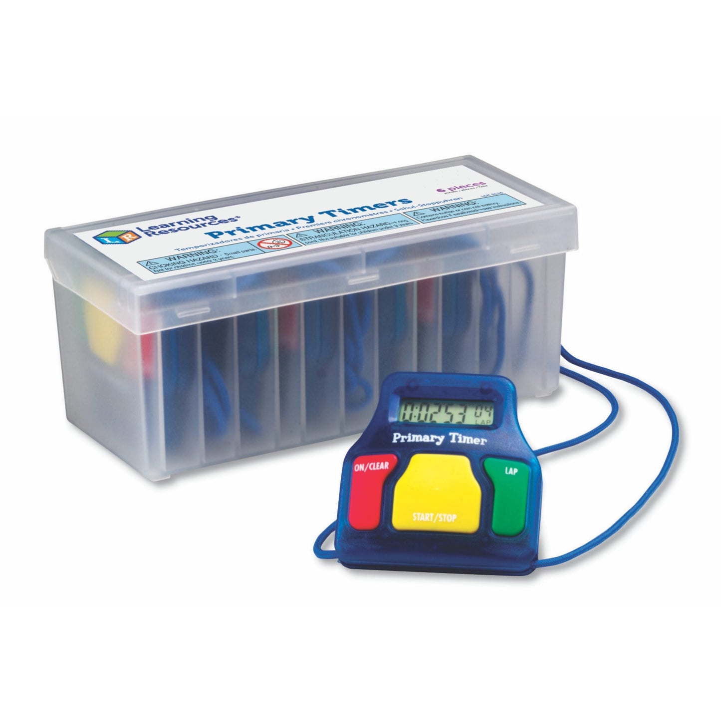 Learning Resources Primary Timers (Set of 6), Easy-to-Use Stopwatch with Lap Function, Includes Safety Release Lanyard and Storage Case, 1.5V Button-Cell Battery Included, For Ages 3+