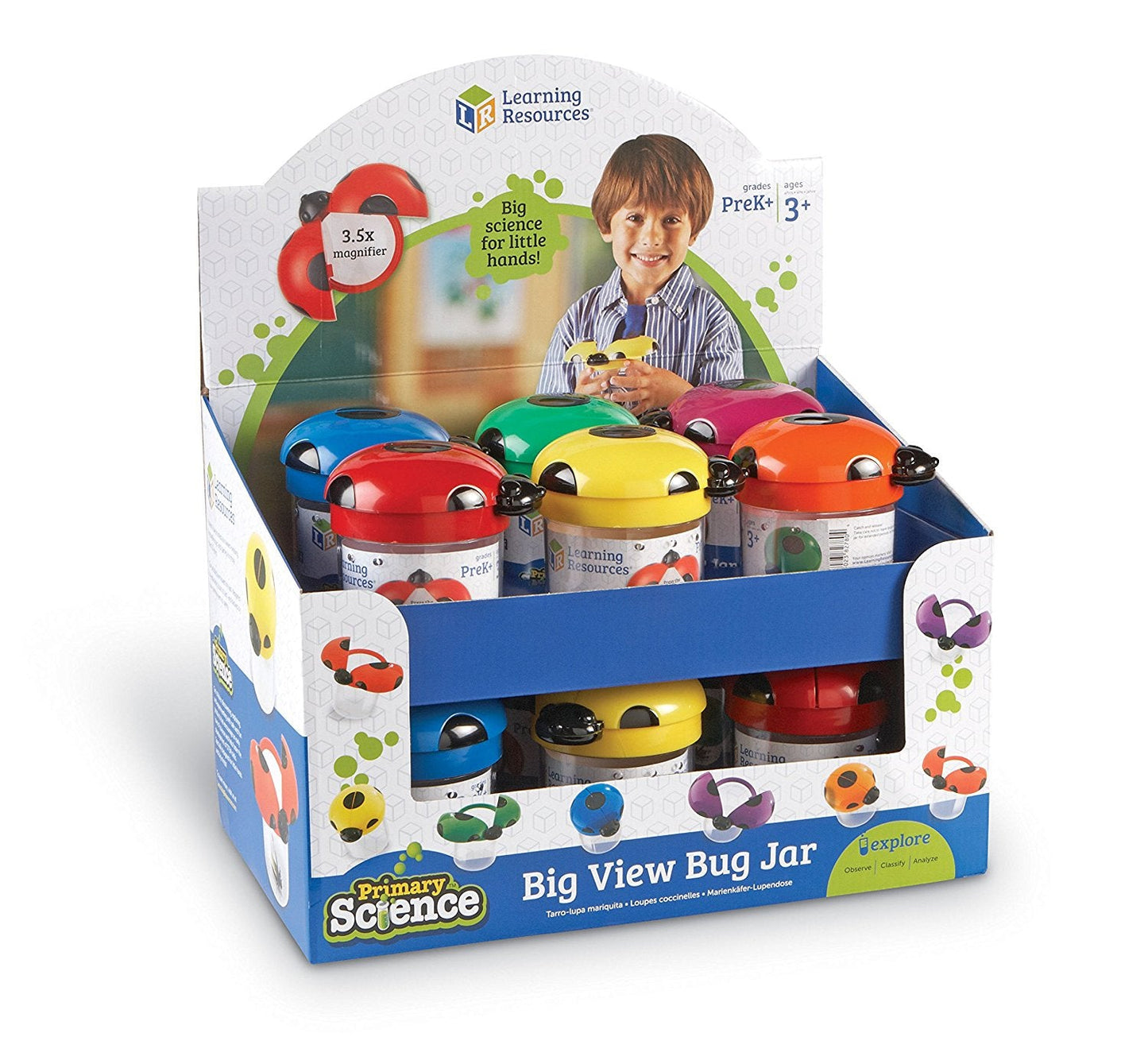 Learning Resources Jumbo Bug Jars, Set of 12 Insect Observation Jars for Kids, Includes 3.5x Magnifying Lids, Air Vents, and Screw-On Caps, Ideal for Outdoor STEM Exploration, Ages 3+