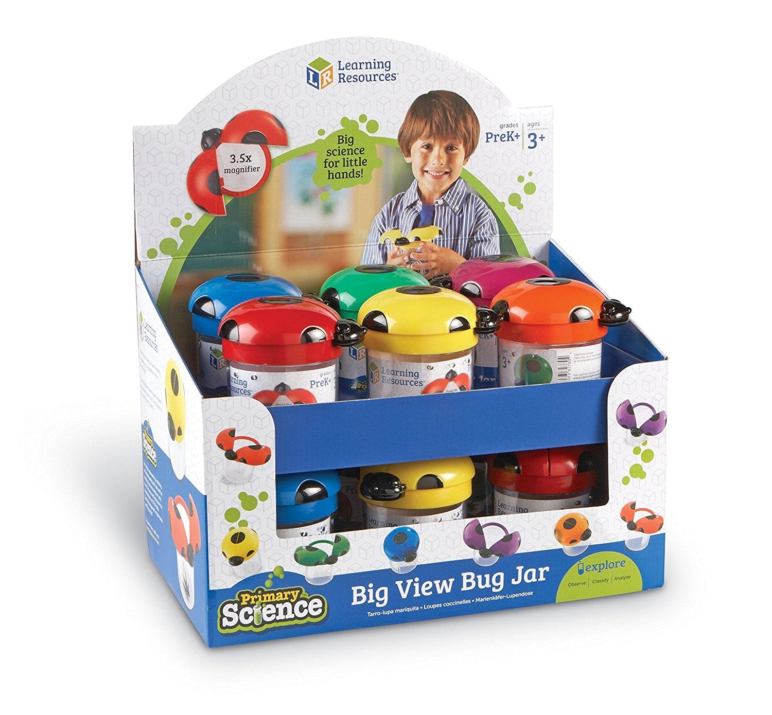 Learning Resources Jumbo Bug Jars, Set of 12 Insect Observation Jars for Kids, Includes 3.5x Magnifying Lids, Air Vents, and Screw-On Caps, Ideal for Outdoor STEM Exploration, Ages 3+