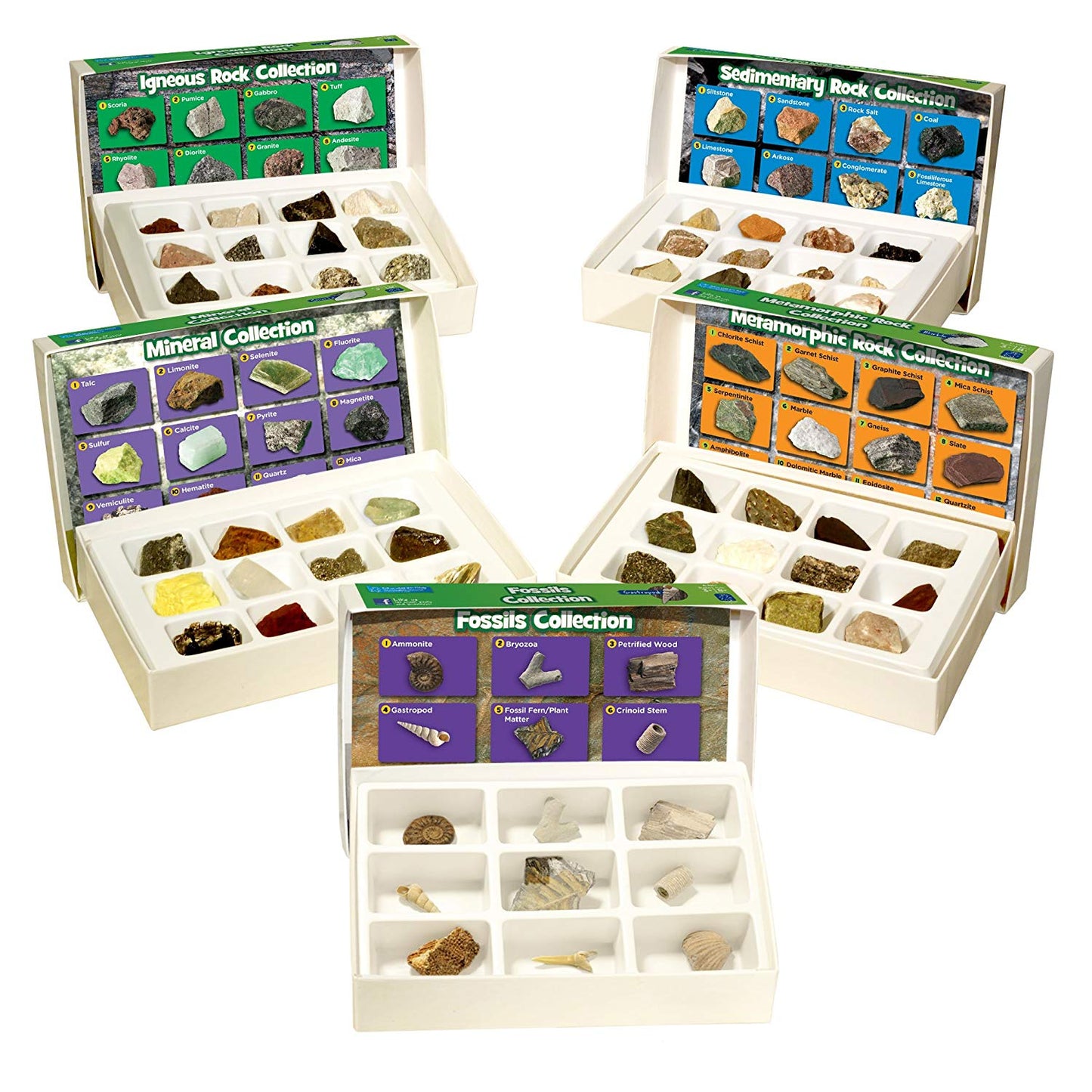 Learning Resources Complete Rock, Mineral & Fossil Collection, 57 Hand-Picked Specimens with Identification Chart & Activity Guide, Educational Geology Set for Kids Ages 8+