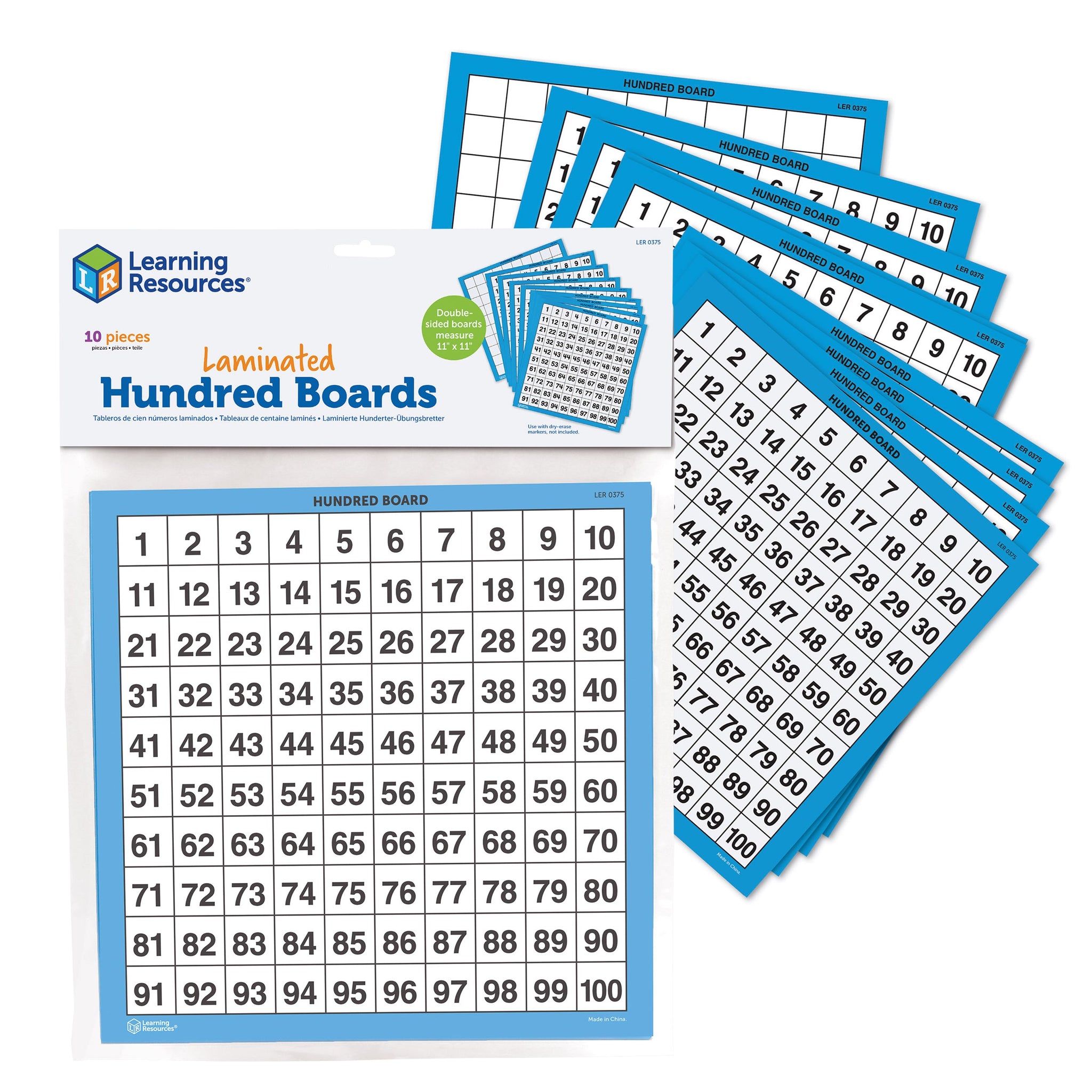 Learning Resources Laminated Hundred Boards, Set of 10 Double-Sided Dry-Erase Grids, 1â100 Counting Aid for Kids, Ages 5+
