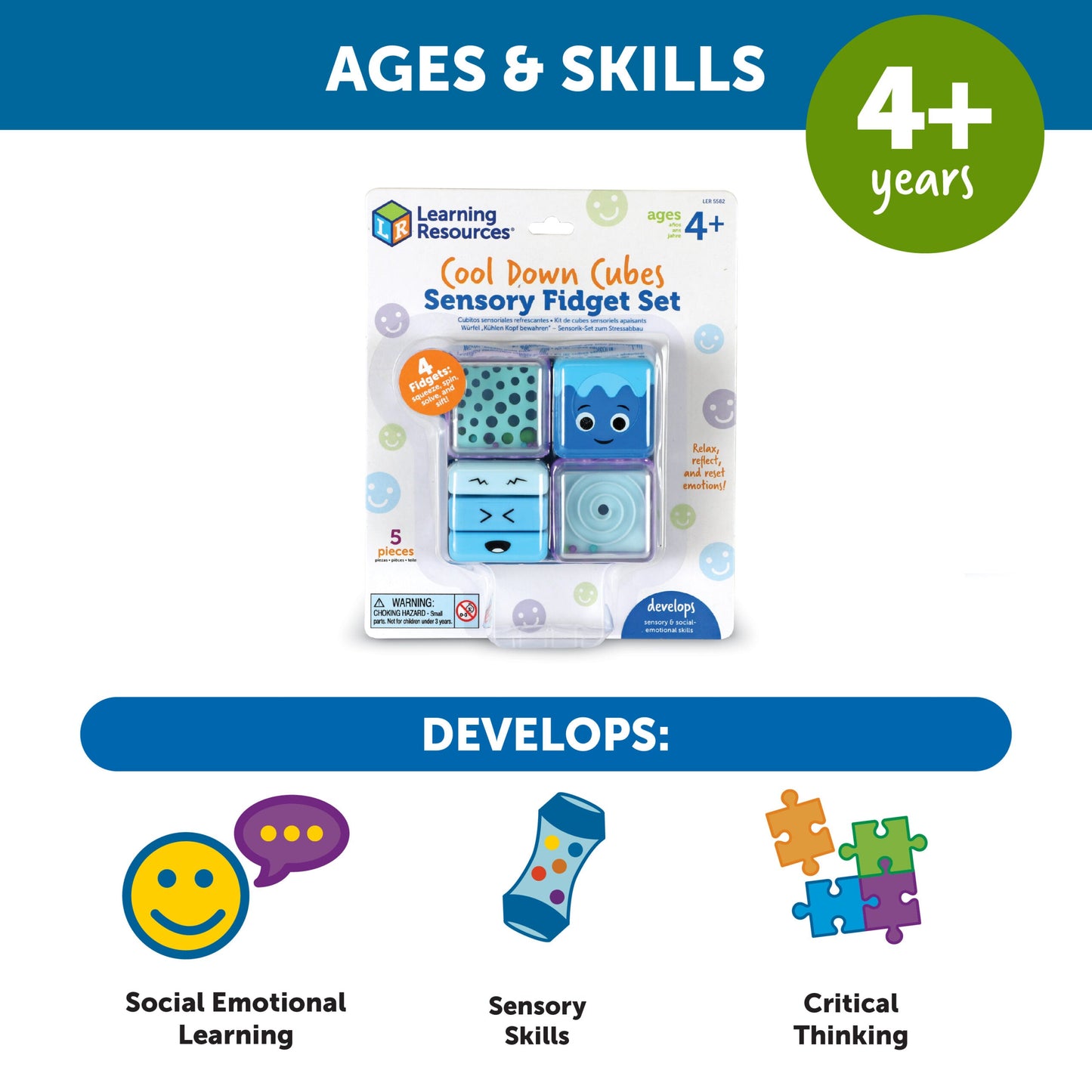 Learning Resources Cool Down Sensory Cubes, Set of 4 Calming Fidget Toys with Tray for Emotional Regulation and Focus, Ages 4 Plus
