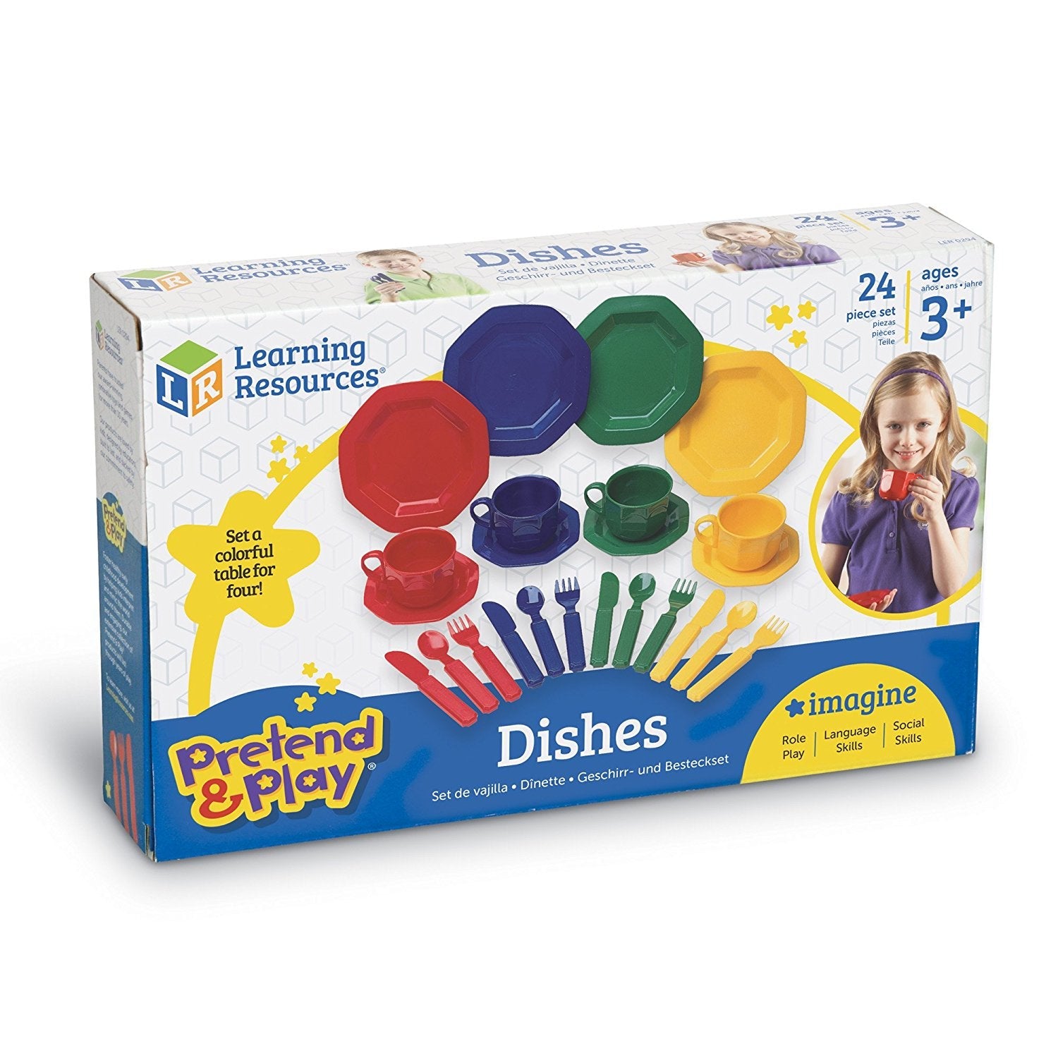 Learning Resources Play Dishes, 24-Piece Colourful Kitchen Toy Plate Set for Kids, Pretend Play Tableware for Toddlers, Durable Plastic, Ages 3+