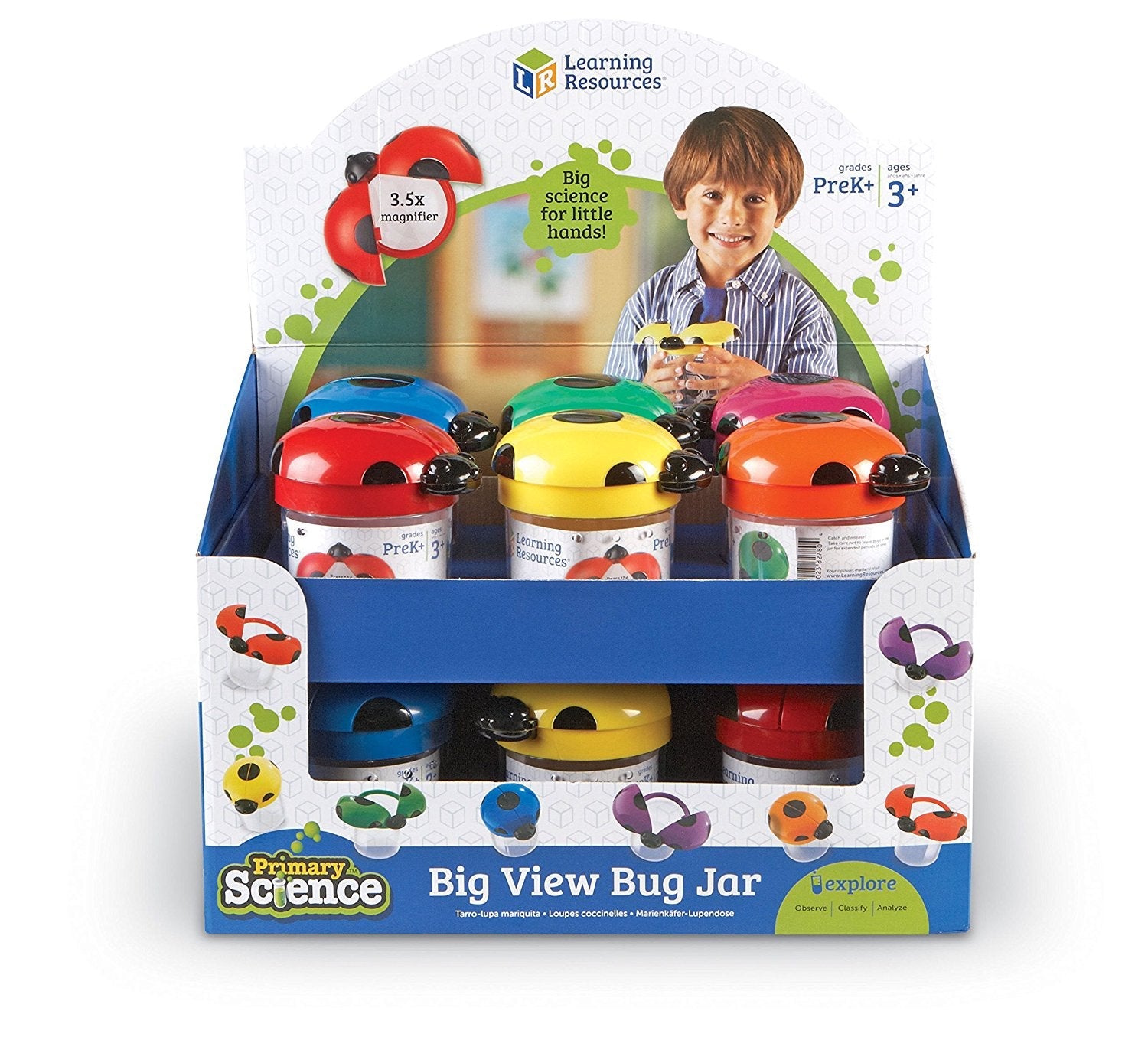 Learning Resources Jumbo Bug Jars, Set of 12 Insect Observation Jars for Kids, Includes 3.5x Magnifying Lids, Air Vents, and Screw-On Caps, Ideal for Outdoor STEM Exploration, Ages 3+