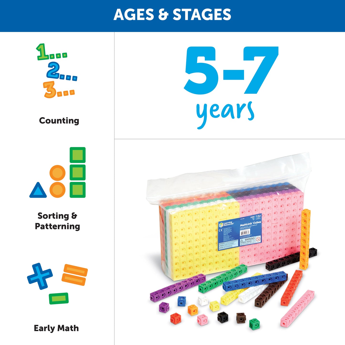 Learning Resources MathLink Cubes Set of 1000, Hands-On Math Practice, Fine Motor Skill Development, 10 Colours, Ideal for Counting, Grouping, Patterning, Ages 5+, Includes Activity Guide