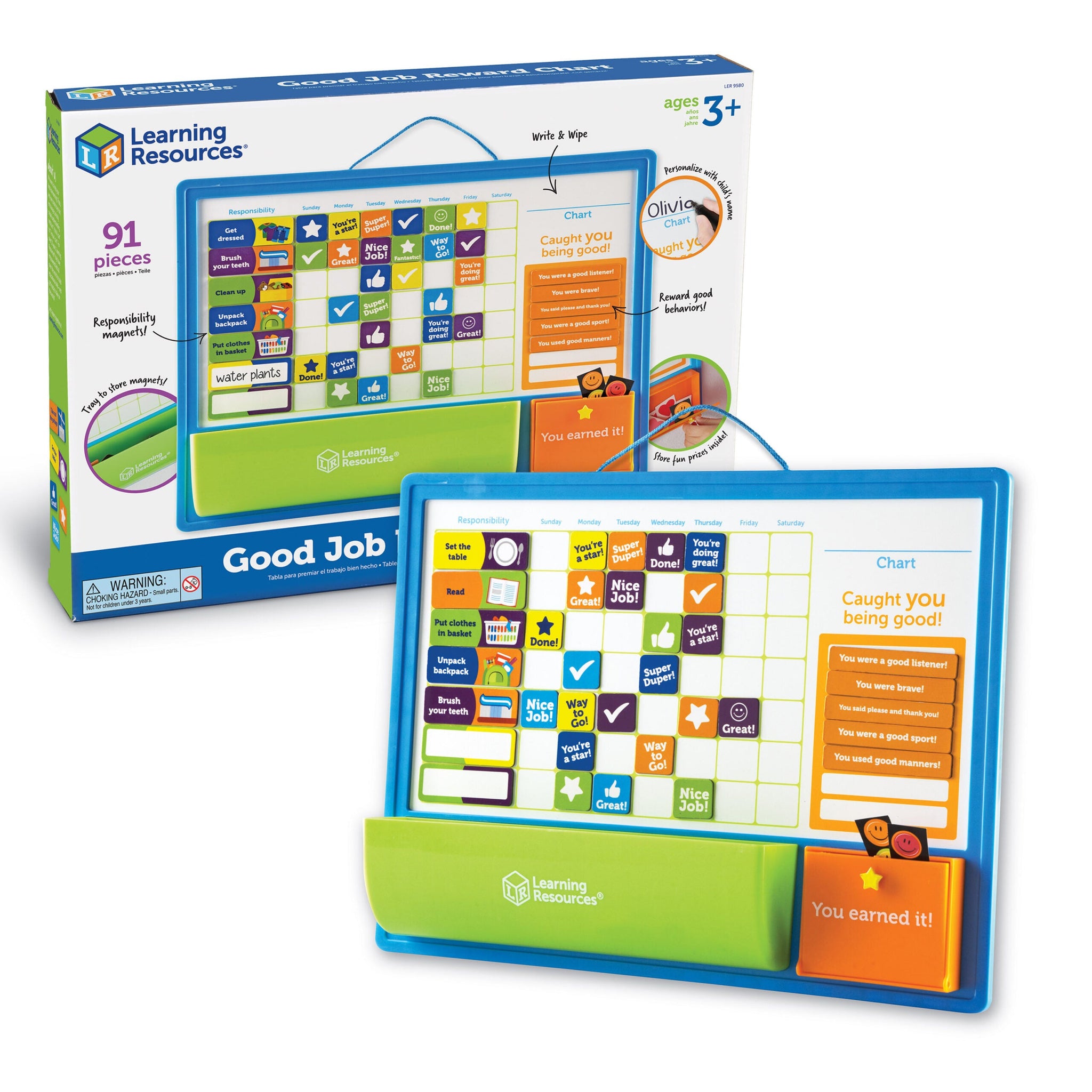 Learning Resources Good Job Magnetic Reward Chart for Kids, Customisable Behavior and Responsibility Tracker with 91 Magnets, Hanging Cord and Storage Tray, Ages 3+