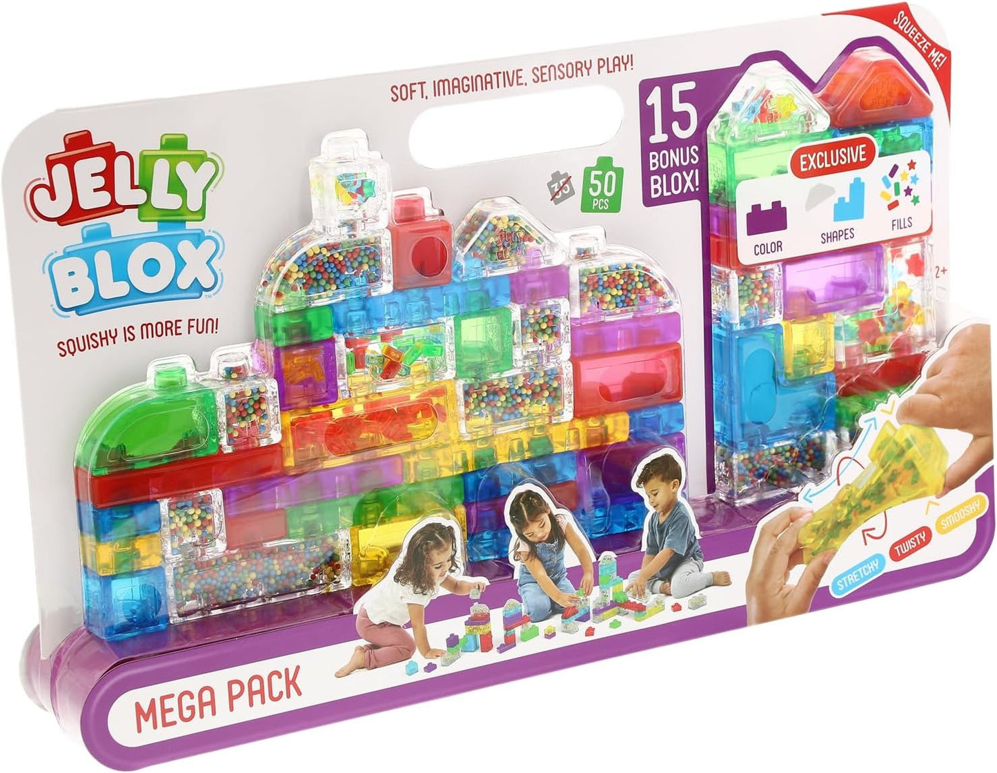 Jelly Blox Mega Pack, 50-Piece Sensory Building Blocks, Soft Squishy Toddler Toys, Creative Play for Ages 2+, Fine Motor Skills Development, Safe Non-Toxic Plastic, Multicolor, Educational Construction Set