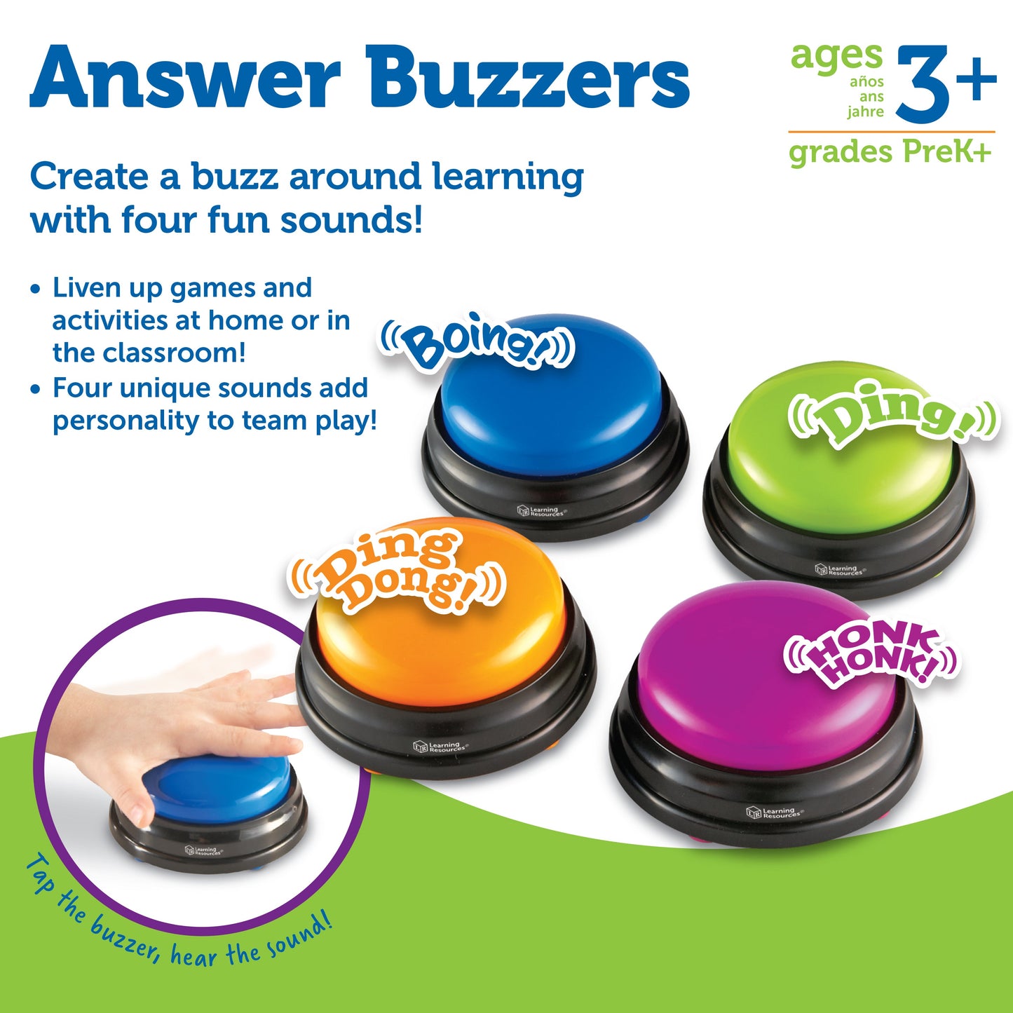 Learning Resources Answer Buzzers (Set of 4), Fun Game Show Style Response Buzzers with 4 Distinct Sounds for Classroom or Home Learning (Ages 3+)