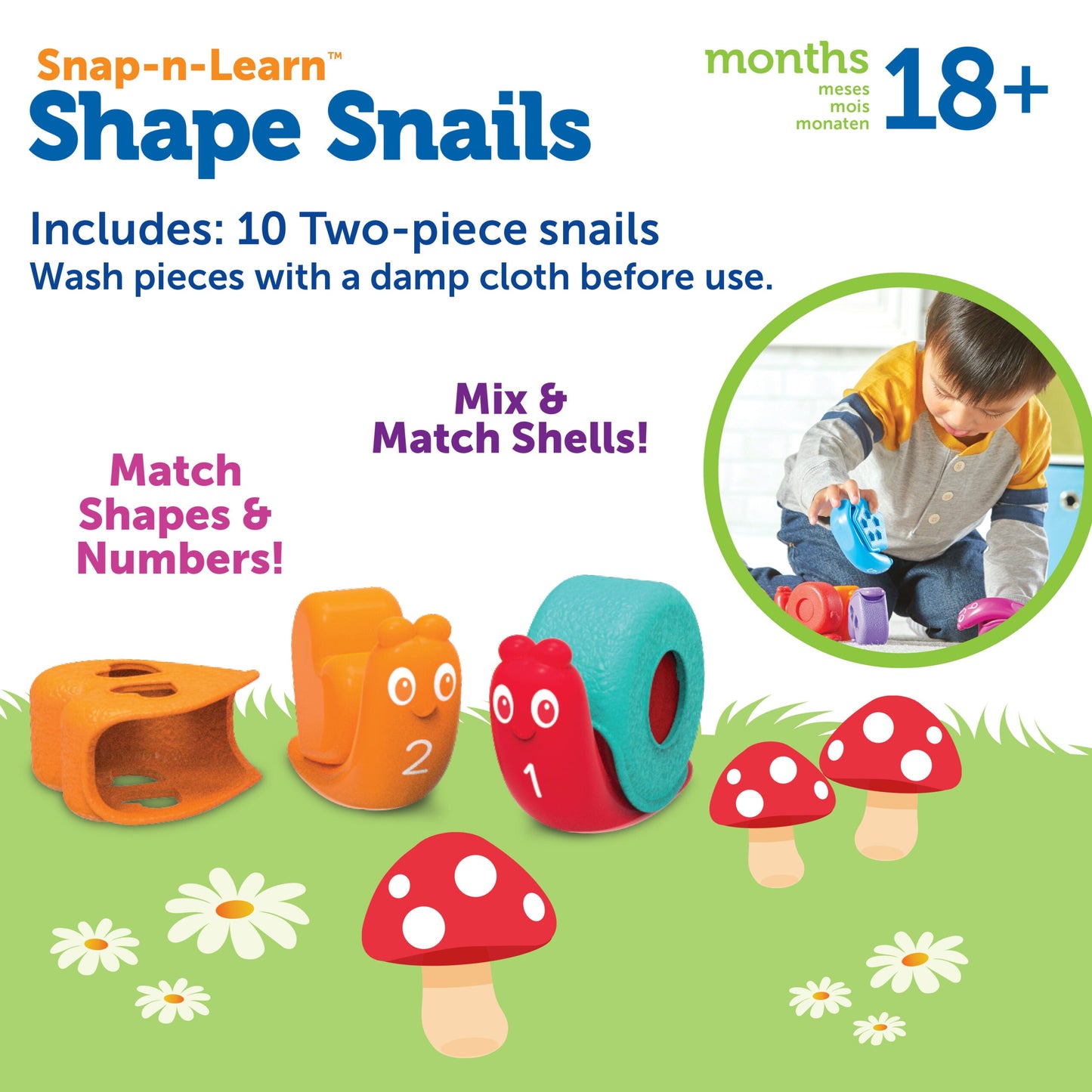 Learning Resources Snap-n-Learn Shape Snails, 20 Piece Toddler Educational Toy Set, Teaches Shapes, Numbers and Colours, Ages 18 Months+
