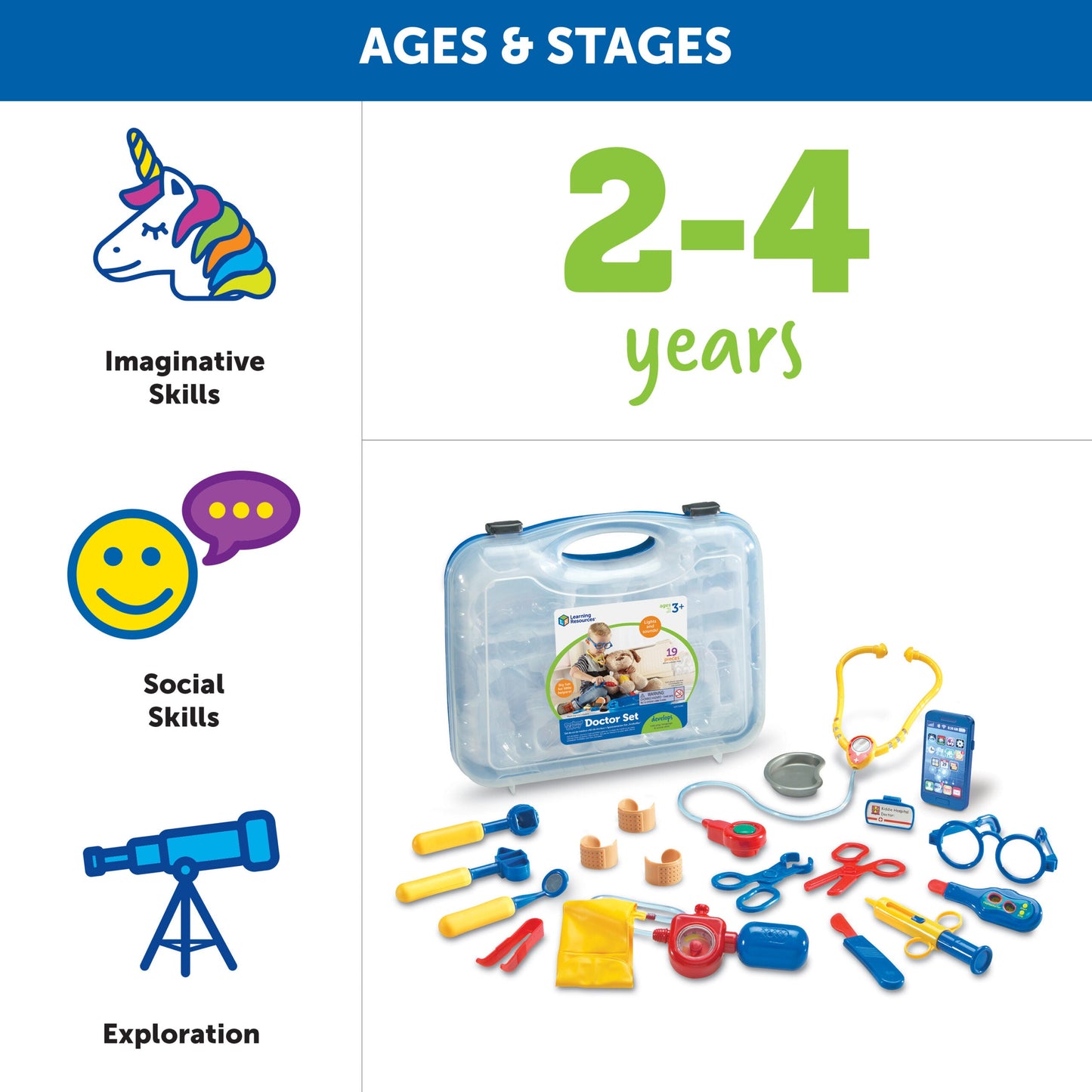 Learning Resources Pretend & Play Doctor Set, 19-Piece Kids Medical Kit with Stethoscope & Pager Sounds, Role Play Toy for Imaginative Play & Language Development, Ages 3+
