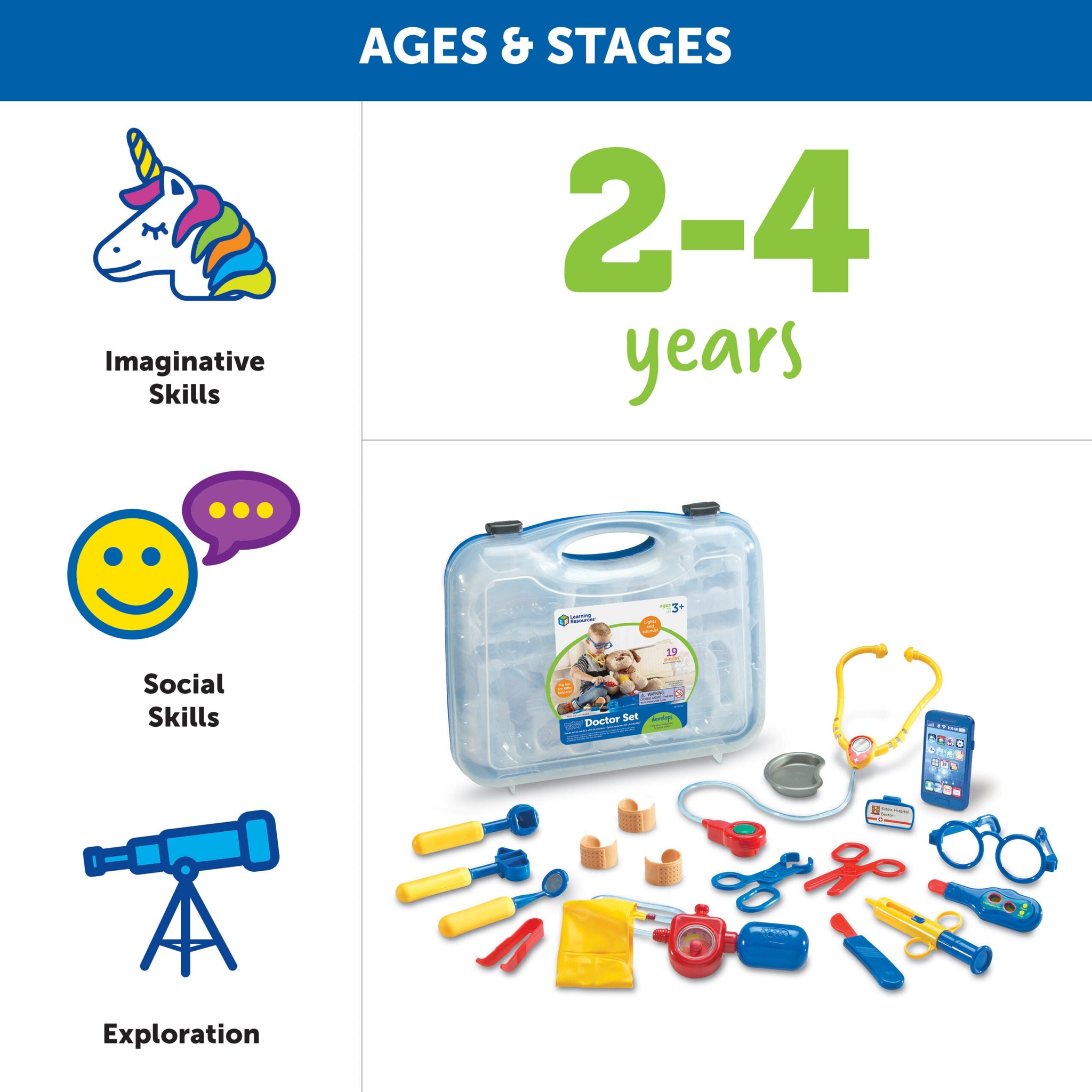 Learning Resources Pretend & Play Doctor Set, 19-Piece Kids Medical Kit with Stethoscope & Pager Sounds, Role Play Toy for Imaginative Play & Language Development, Ages 3+