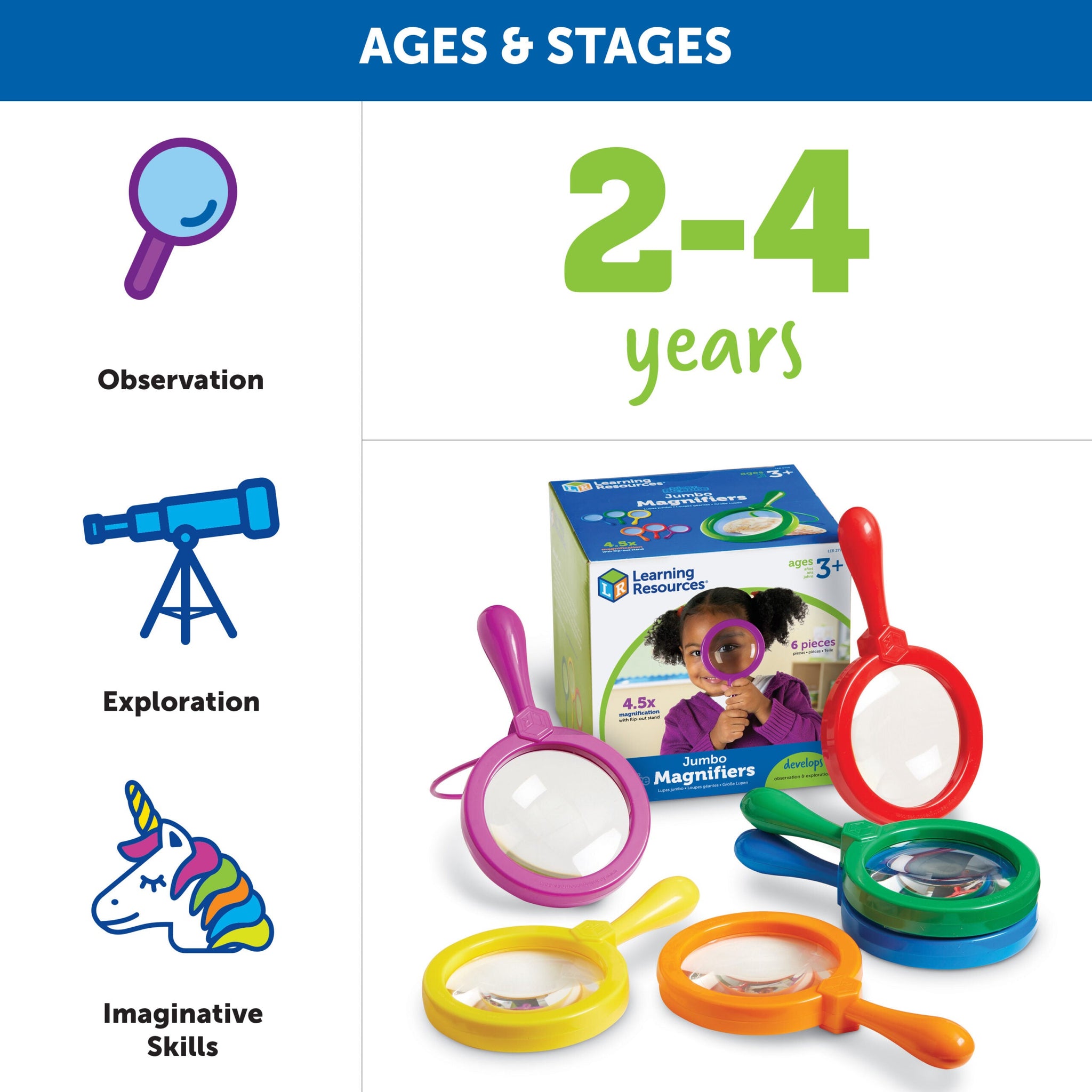 Learning Resources Primary Science Jumbo Magnifiers (Set of 6), 4.5x Magnification, Built-in Stand, Perfect for Little Hands, Ideal for Life Science Lessons, Ages 3+