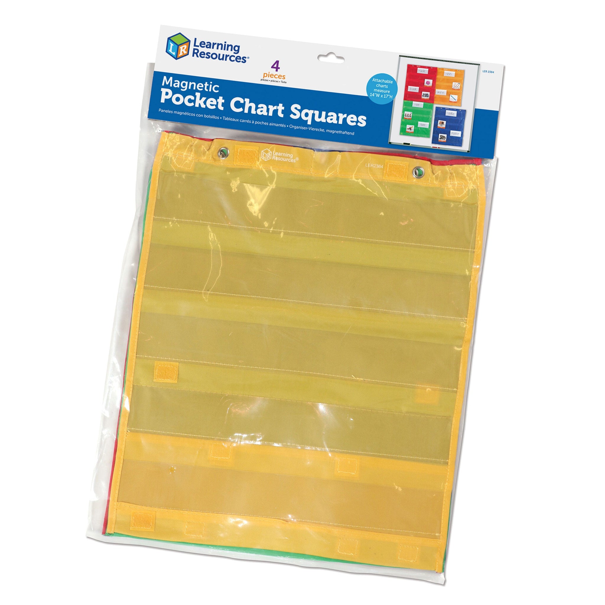 Learning Resources Magnetic Pocket Chart Squares (Set of 4), Versatile Classroom Storage & Display Solution, Magnetic or Grommet Hanging, Front & Back Pockets