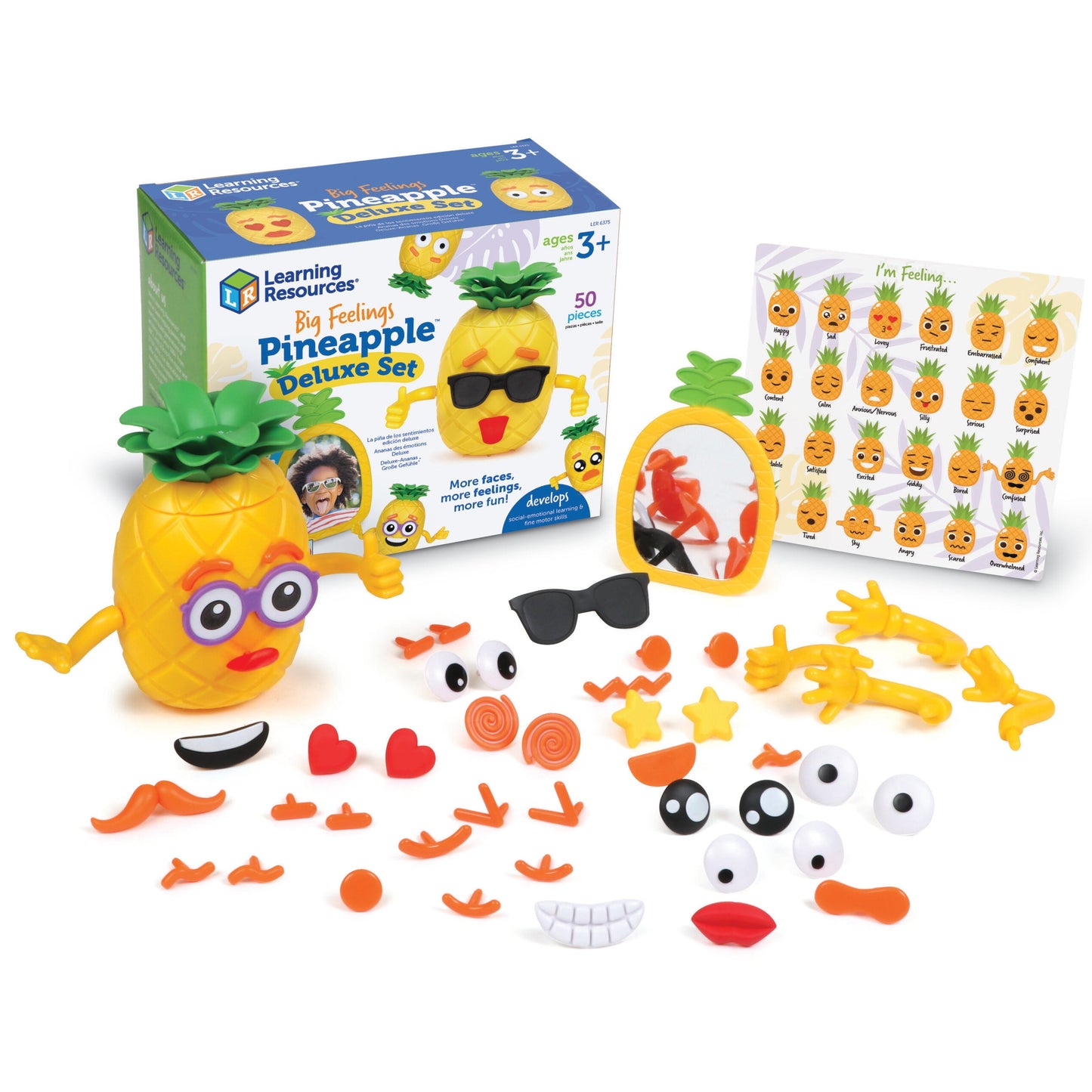 Learning Resources Big Feelings Pineapple Deluxe Set, Social Emotional Learning Toy for Kids, 50-Piece SEL Activity Set with Double-Sided Pineapple, Face Pieces & Mirror, Ages 3+