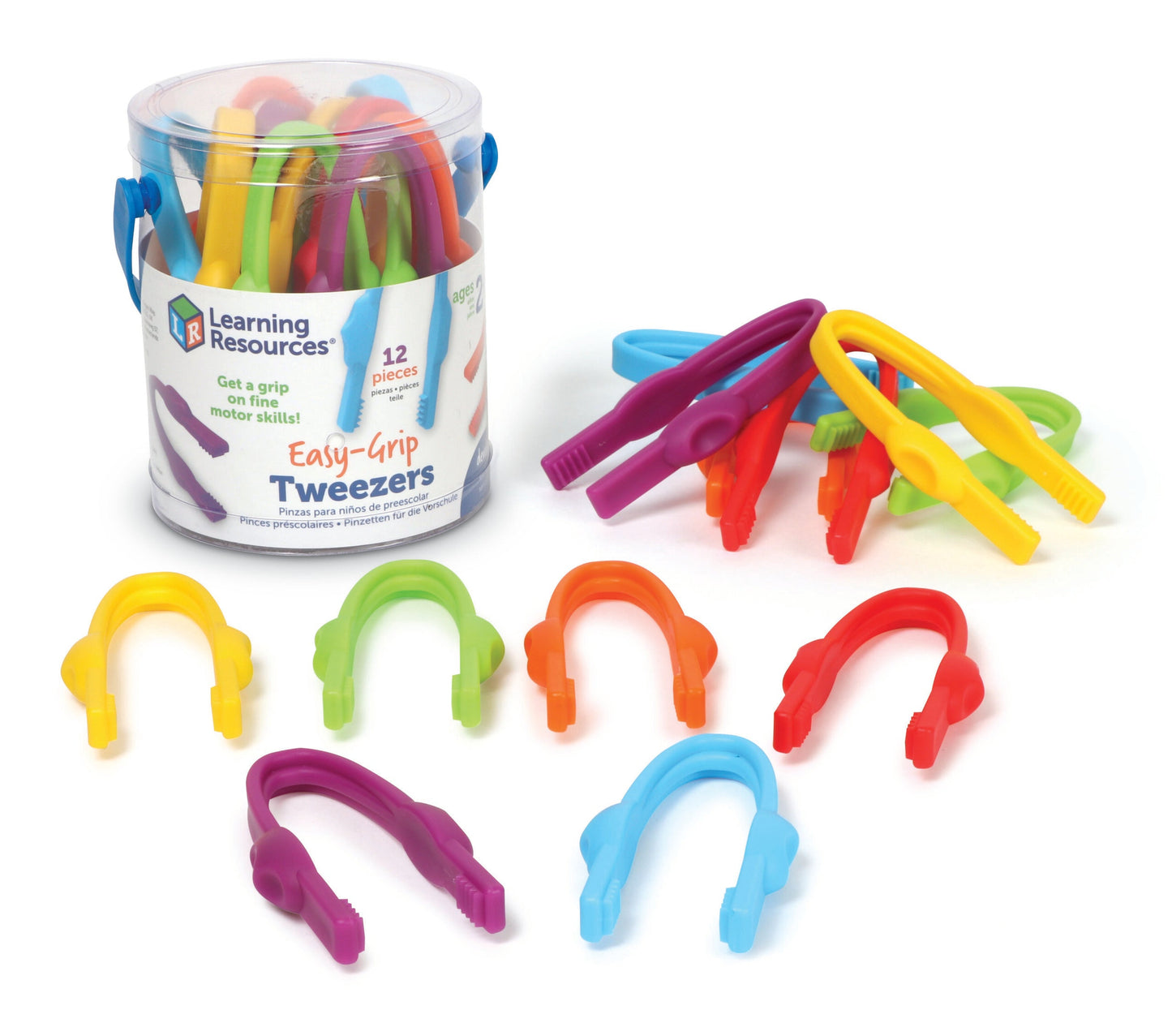 Learning Resources Easy-Grip Tweezers for Kids, Fine Motor Skill Development Tools for Preschool and Sensory Play, Set of 12 with Storage Tub, Ages 2 Plus