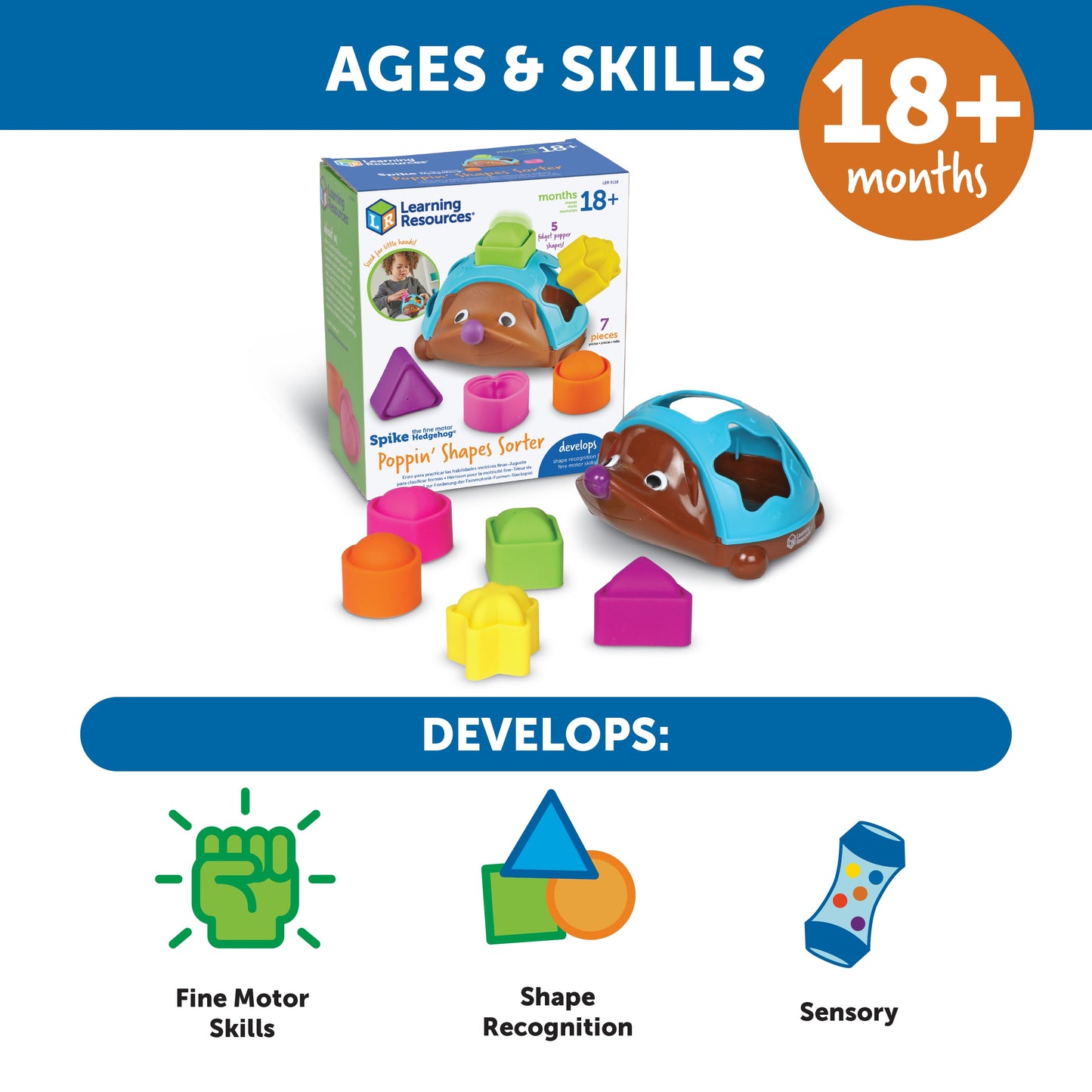 Learning Resources Spike The Fine Motor Hedgehog Poppinâ Shapes Sorter, 7-Piece Shape Sorting & Fidget Toy for Toddlers, Develops Fine Motor, Colour & Sensory Skills, Ages 18 Months+
