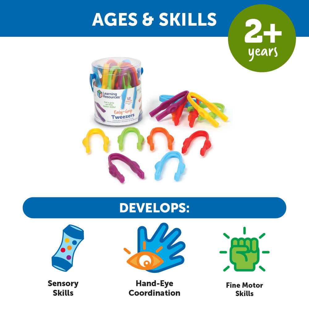 Learning Resources Easy-Grip Tweezers for Kids, Fine Motor Skill Development Tools for Preschool and Sensory Play, Set of 12 with Storage Tub, Ages 2 Plus