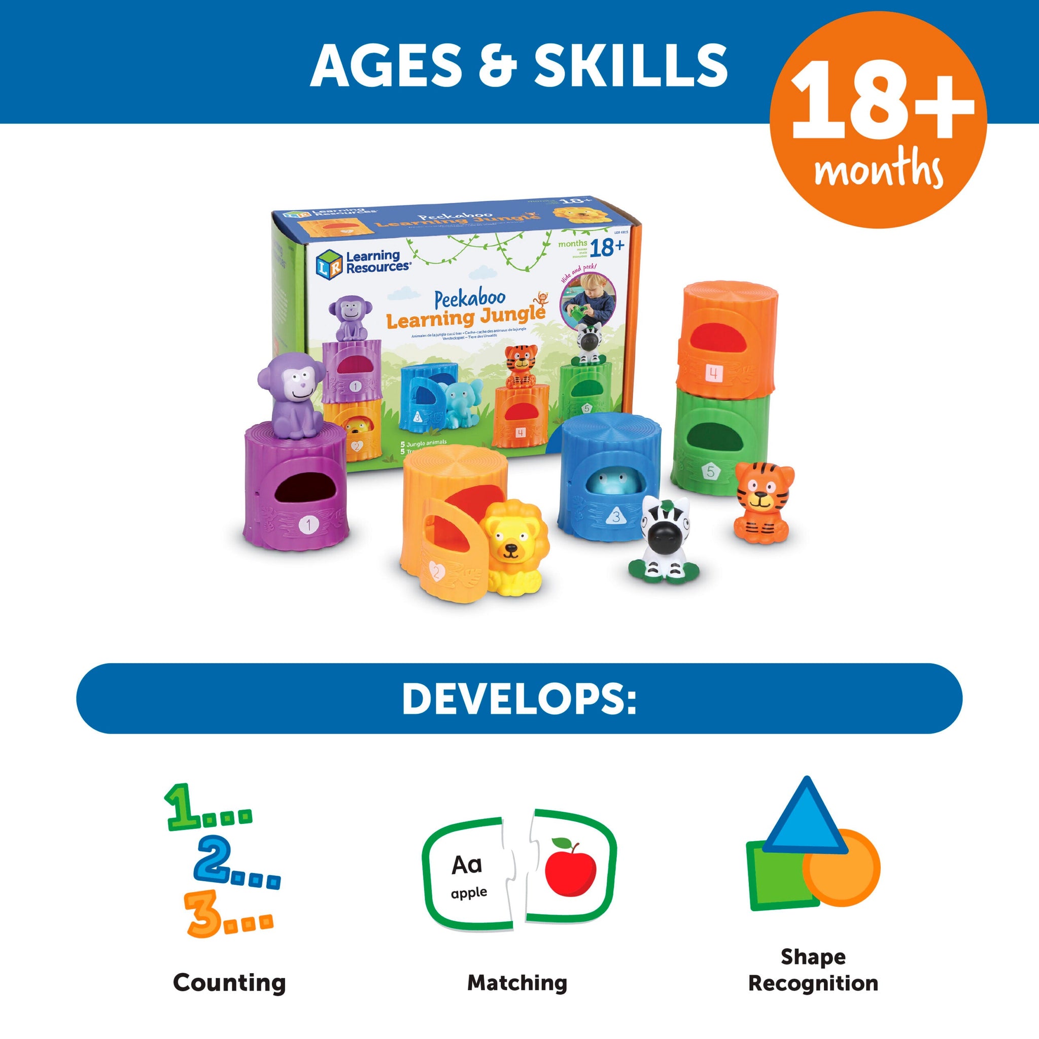 Learning Resources Peekaboo Learning Jungle Playset, Interactive Toddler Toy for Counting, Colours, and Fine Motor Skills