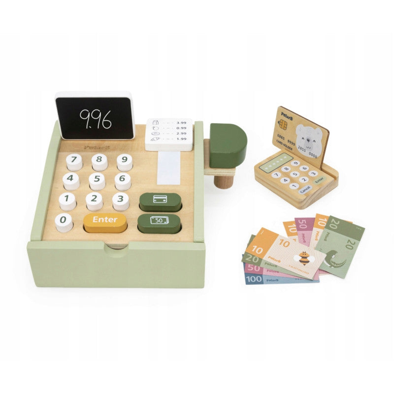 PolarB Wooden Cash Register Toy for Kids, Pretend Play Checkout Set with Scanner, Credit Card, Coins, and Receipt Roll, Educational Role Play Toy for Ages 3 and Up