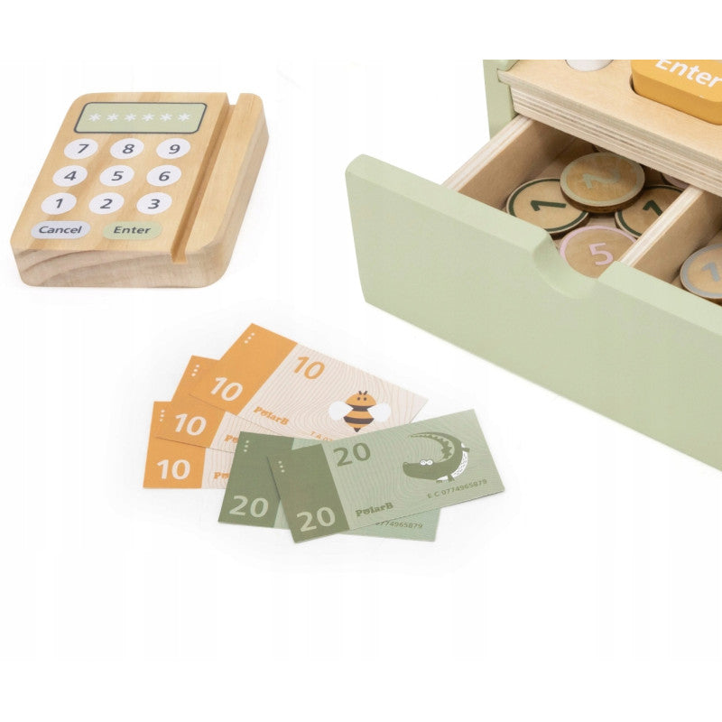PolarB Wooden Cash Register Toy for Kids, Pretend Play Checkout Set with Scanner, Credit Card, Coins, and Receipt Roll, Educational Role Play Toy for Ages 3 and Up