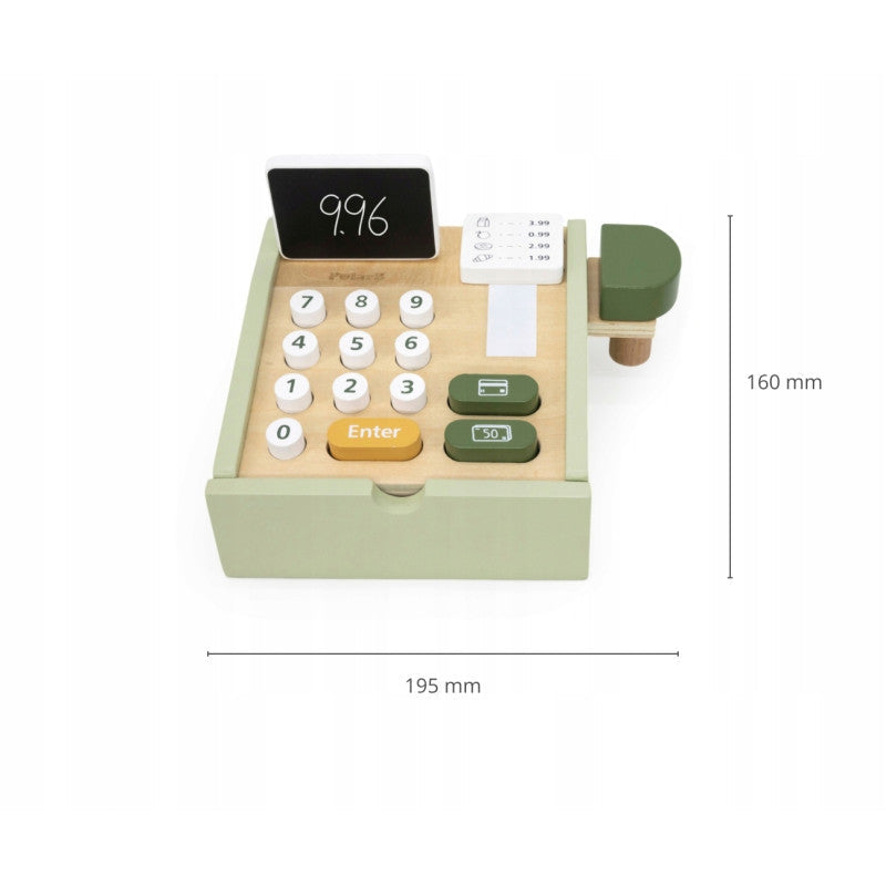PolarB Wooden Cash Register Toy for Kids, Pretend Play Checkout Set with Scanner, Credit Card, Coins, and Receipt Roll, Educational Role Play Toy for Ages 3 and Up