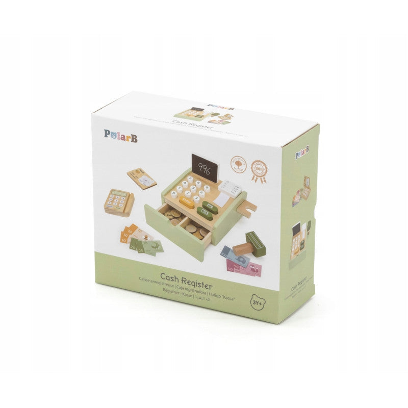 PolarB Wooden Cash Register Toy for Kids, Pretend Play Checkout Set with Scanner, Credit Card, Coins, and Receipt Roll, Educational Role Play Toy for Ages 3 and Up
