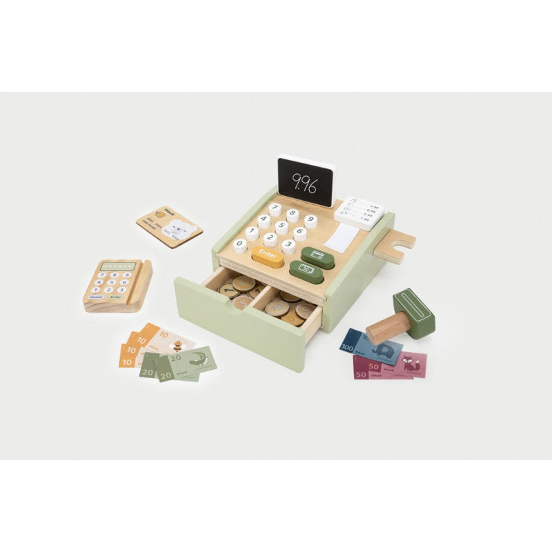 PolarB Wooden Cash Register Toy for Kids, Pretend Play Checkout Set with Scanner, Credit Card, Coins, and Receipt Roll, Educational Role Play Toy for Ages 3 and Up
