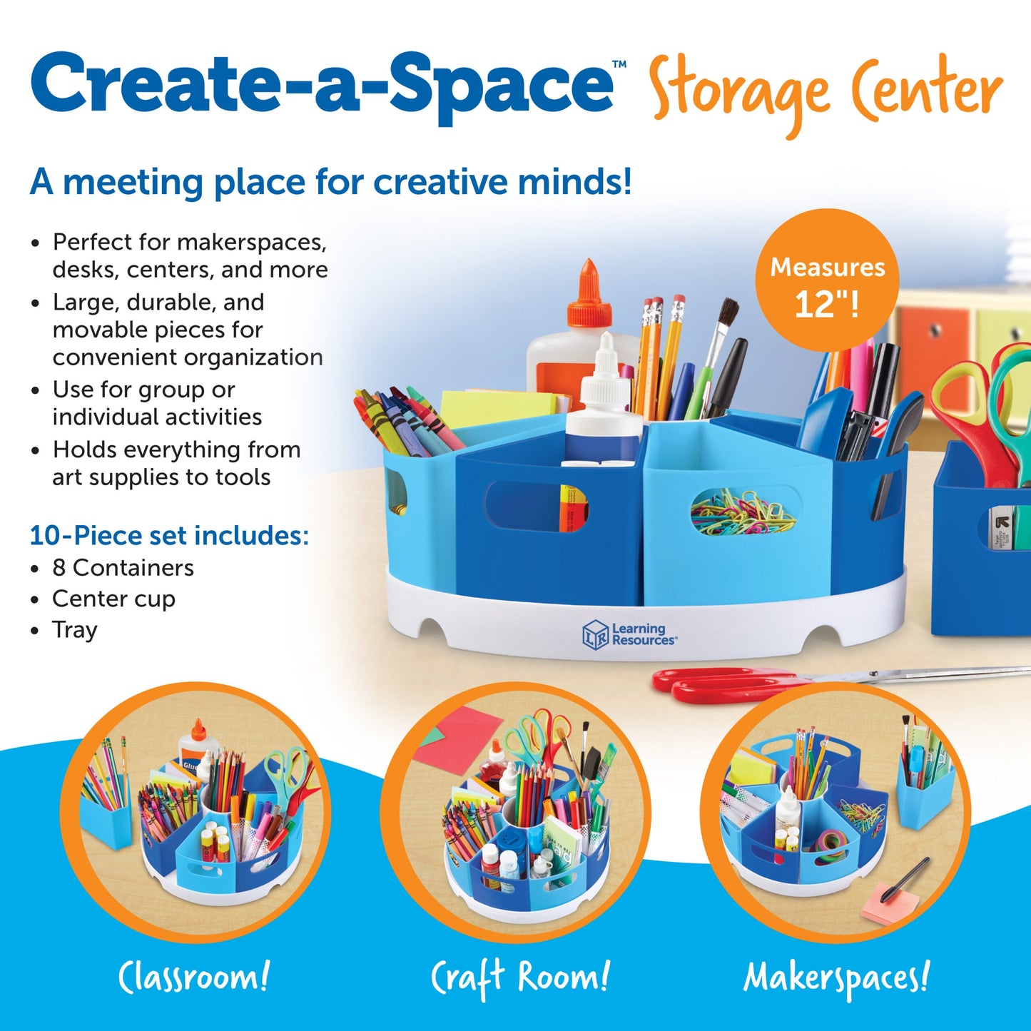Learning Resources Create-a-Space Storage Centre, Desk Organiser with 8 Removable Containers, Classroom, Home, or Office Supplies Storage, 30cm Diameter Tray, Ages 3+