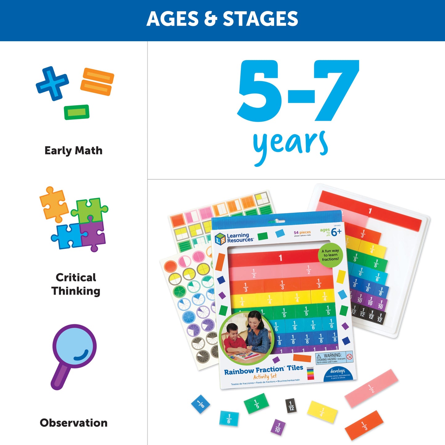 Learning Resources Rainbow Fraction Tiles with Tray, 51-Piece Colour-Coded Set, Visual and Hands-On Learning Tool for Fractions, Includes Activity Guide and Storage Tray