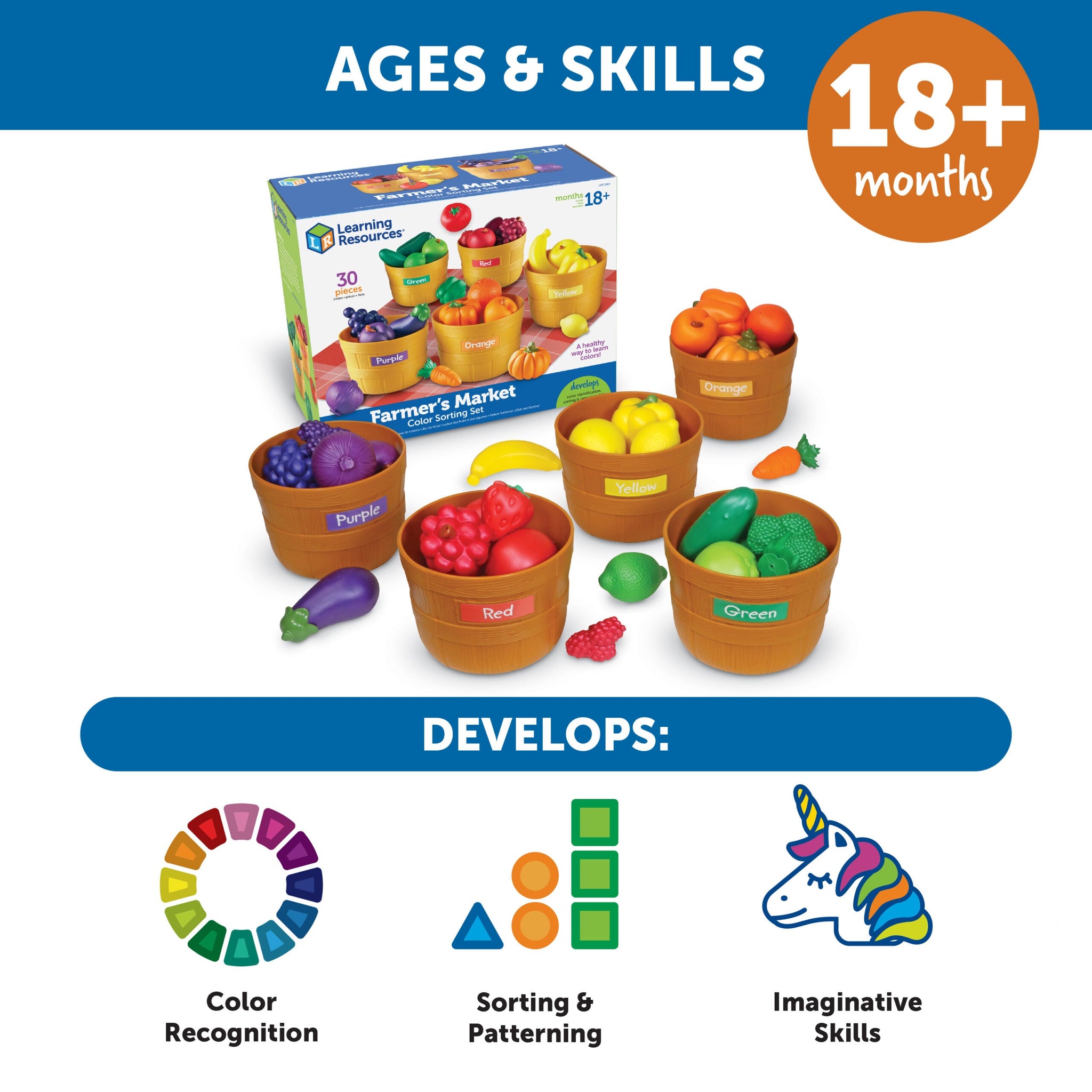 Learning Resources Farmer's Market Food Sorting Set, 25-Piece Toy Fruit & Vegetable Set for Role Play, Sorting, and Colour Recognition, Ideal for Kids Aged 3+