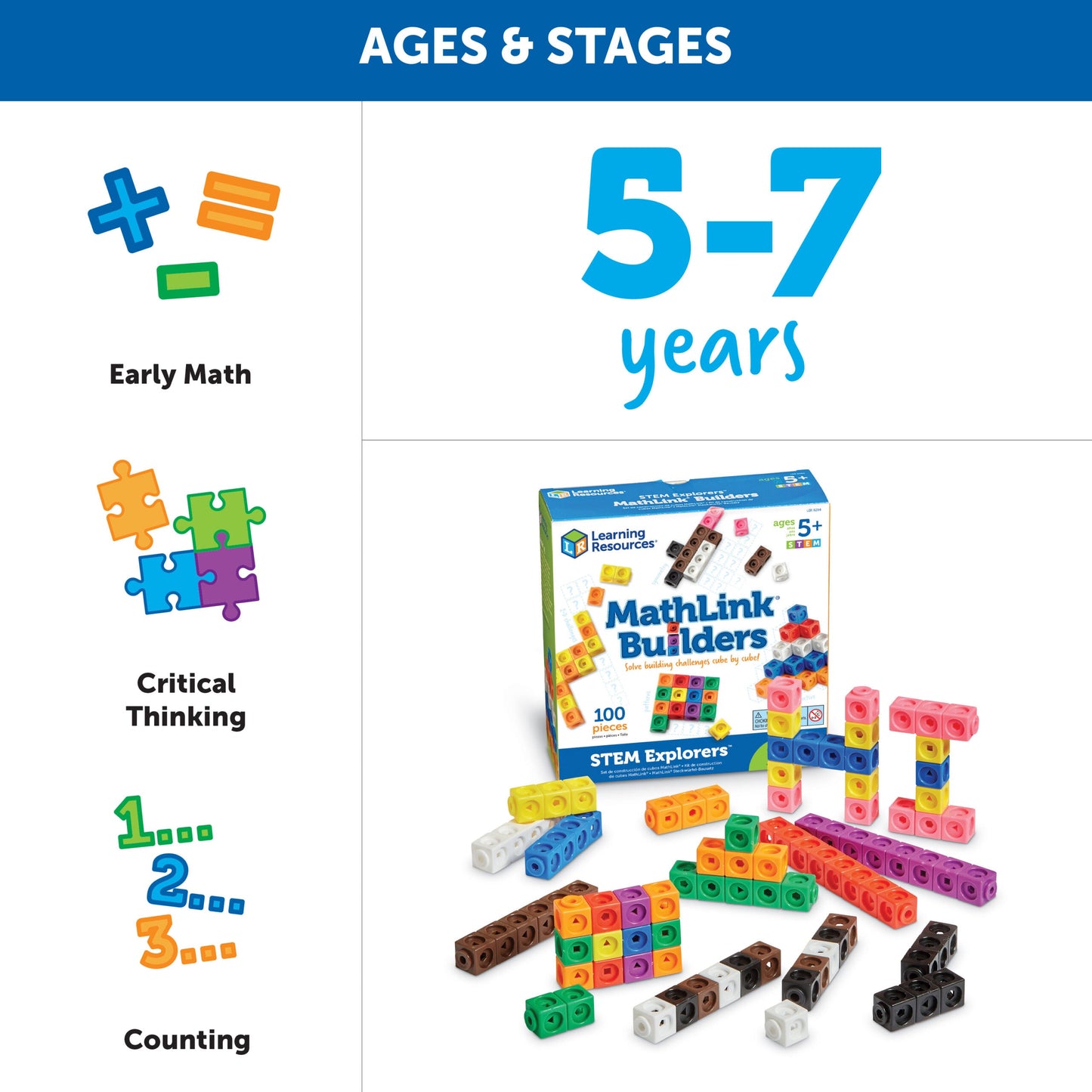 Learning Resources MathLink Cubes Educational Counting Toy, STEM Building Set with 100 Cubes and 10 Challenges, Teaches Early Math and Problem-Solving Skills, Ages 5+