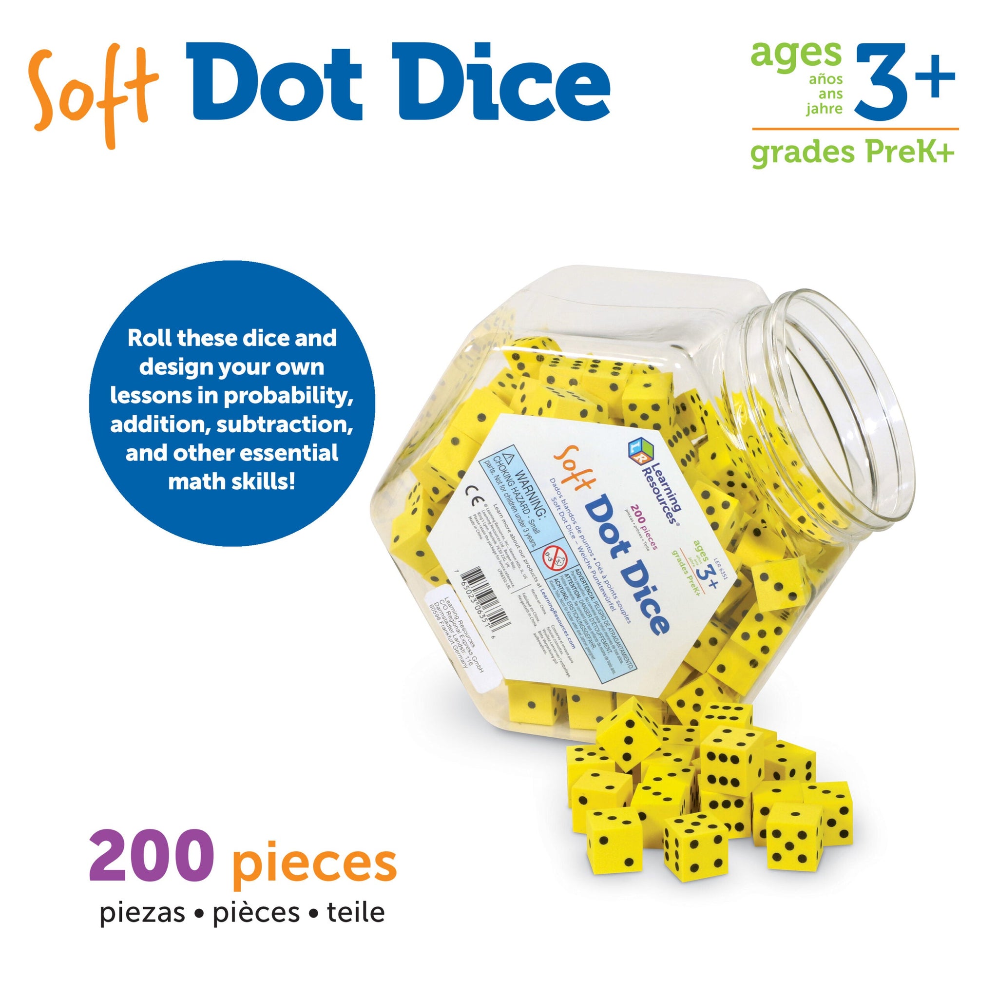 Learning Resources Soft Foam Dot Dice, Set of 200, Quiet and Durable Dice for Classroom Games, Maths Activities, and Probability Learning