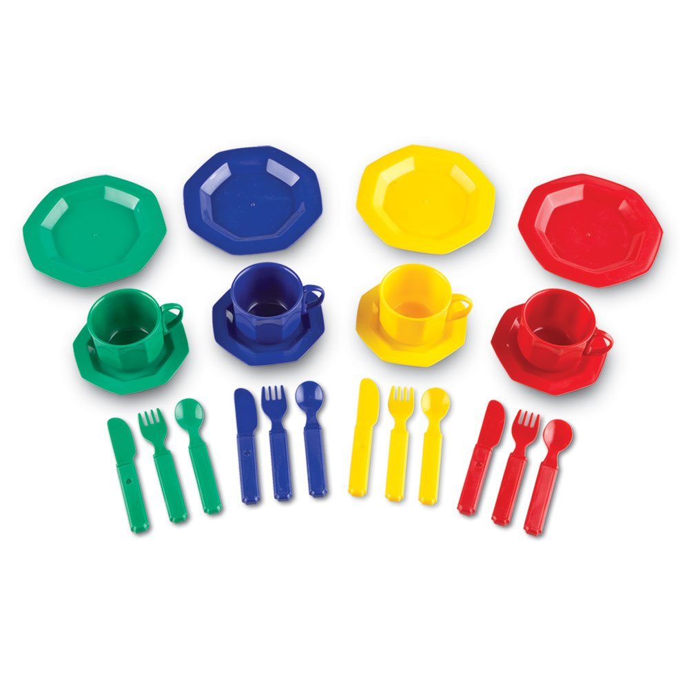 Learning Resources Play Dishes, 24-Piece Colourful Kitchen Toy Plate Set for Kids, Pretend Play Tableware for Toddlers, Durable Plastic, Ages 3+