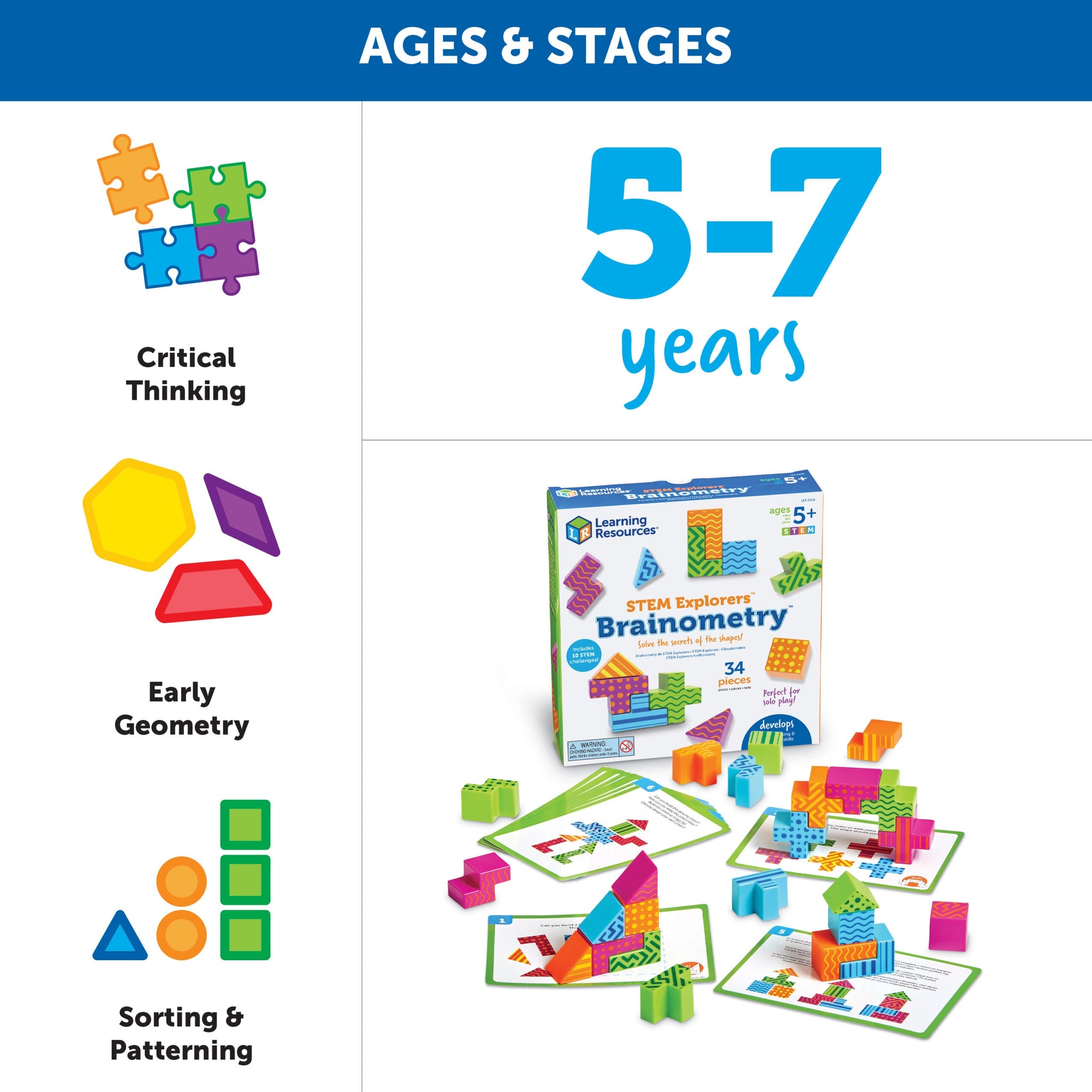 Learning Resources STEM Explorers Brainometry, 34-Piece Shape Puzzle Challenge Set for Kids, Ages 5+